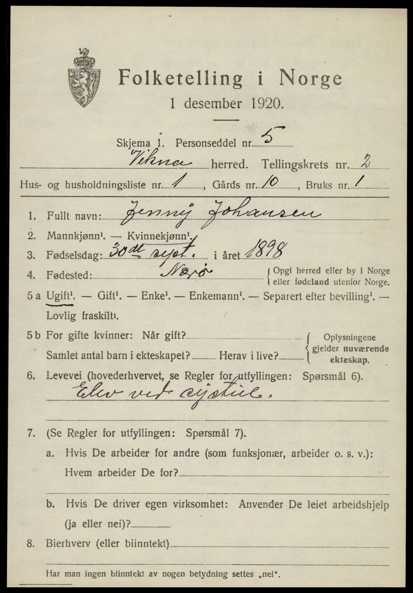 SAT, 1920 census for Vikna, 1920, p. 1563