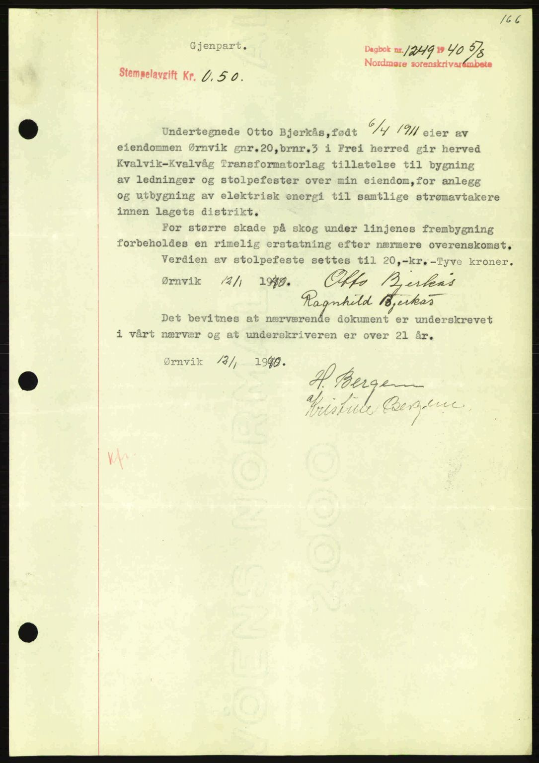 Nordmøre sorenskriveri, AV/SAT-A-4132/1/2/2Ca: Mortgage book no. B87, 1940-1941, Diary no: : 1249/1940