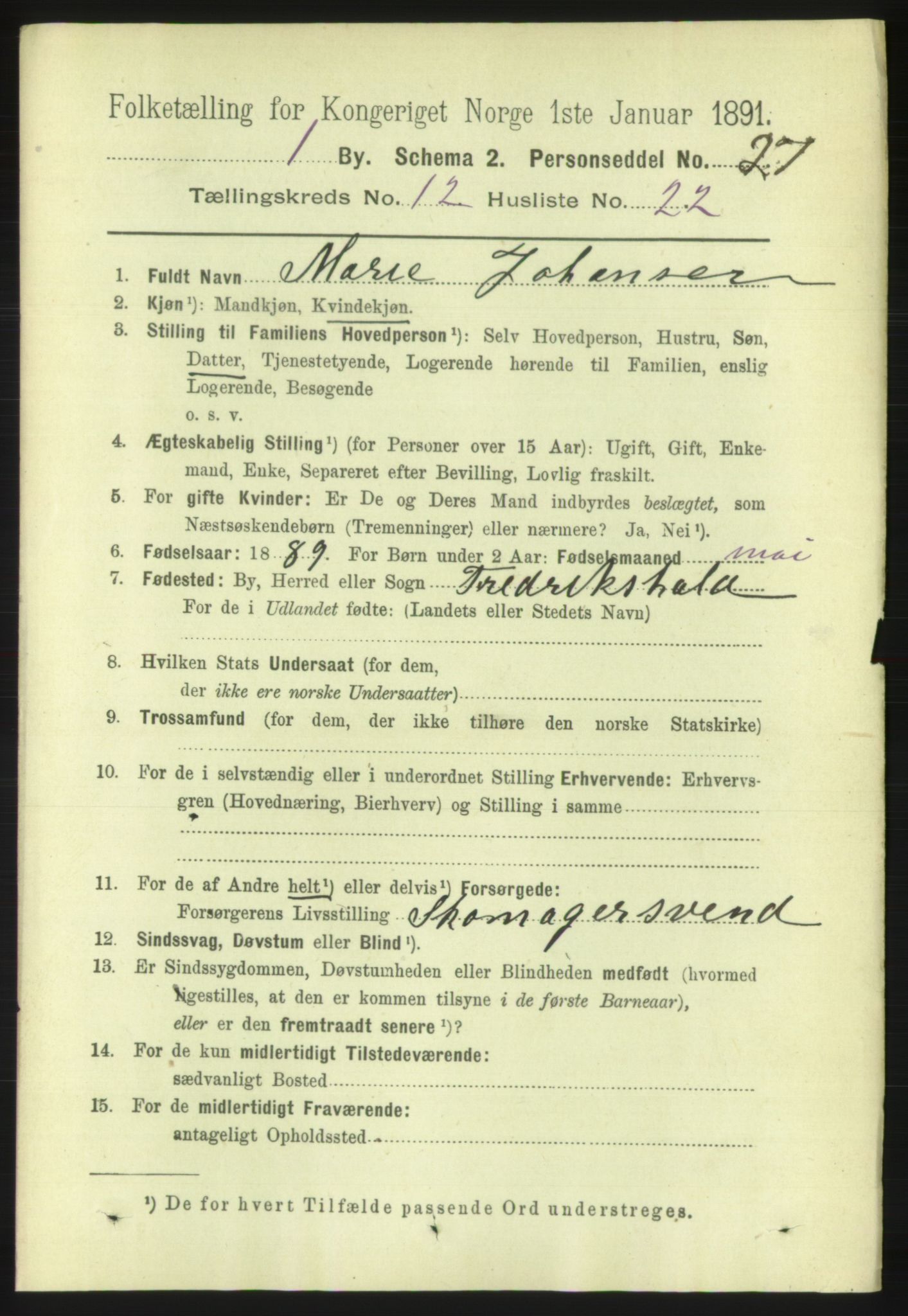 RA, 1891 census for 0101 Fredrikshald, 1891, p. 8562