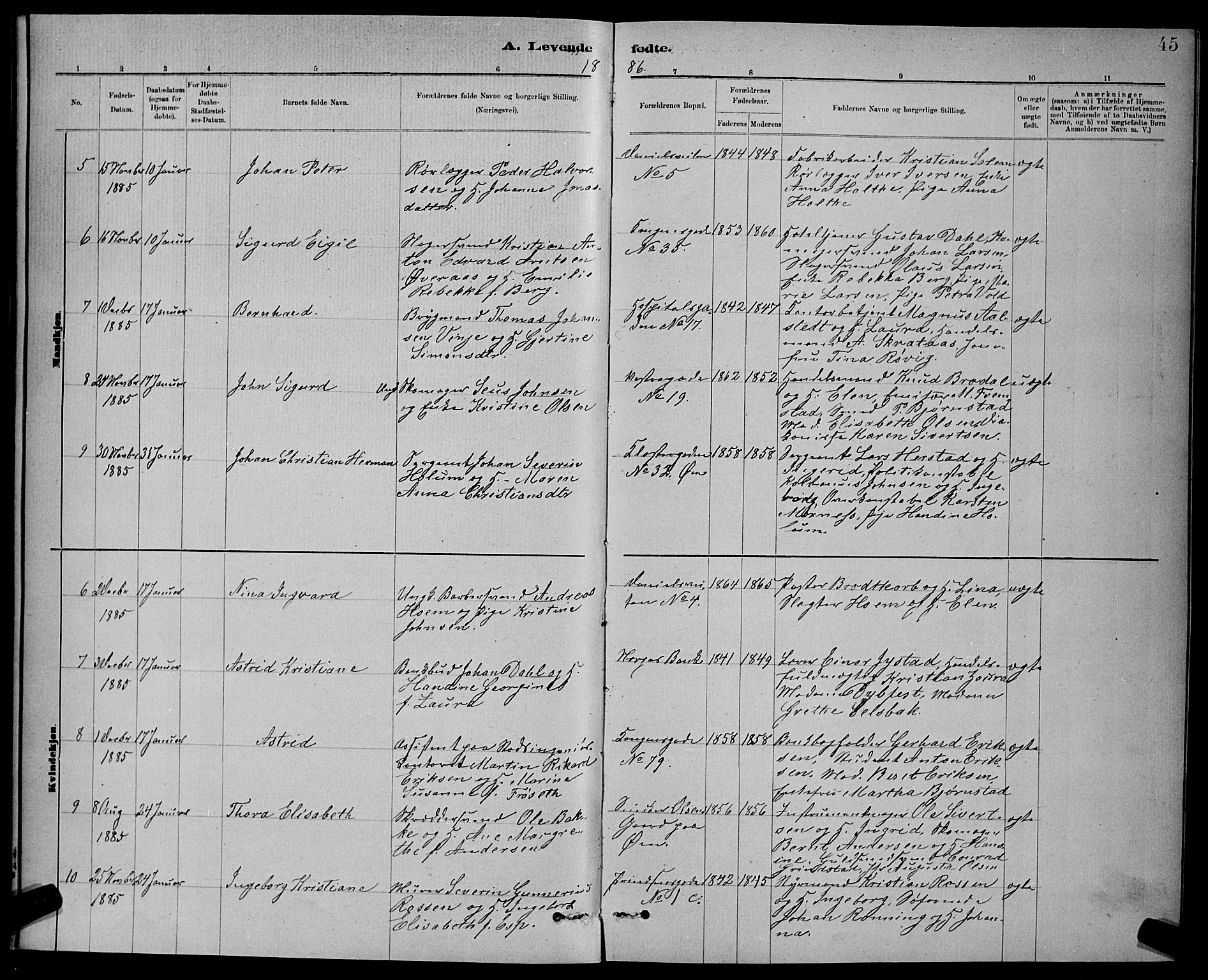 Ministerialprotokoller, klokkerbøker og fødselsregistre - Sør-Trøndelag, SAT/A-1456/601/L0092: Parish register (copy) no. 601C10, 1884-1897, p. 45