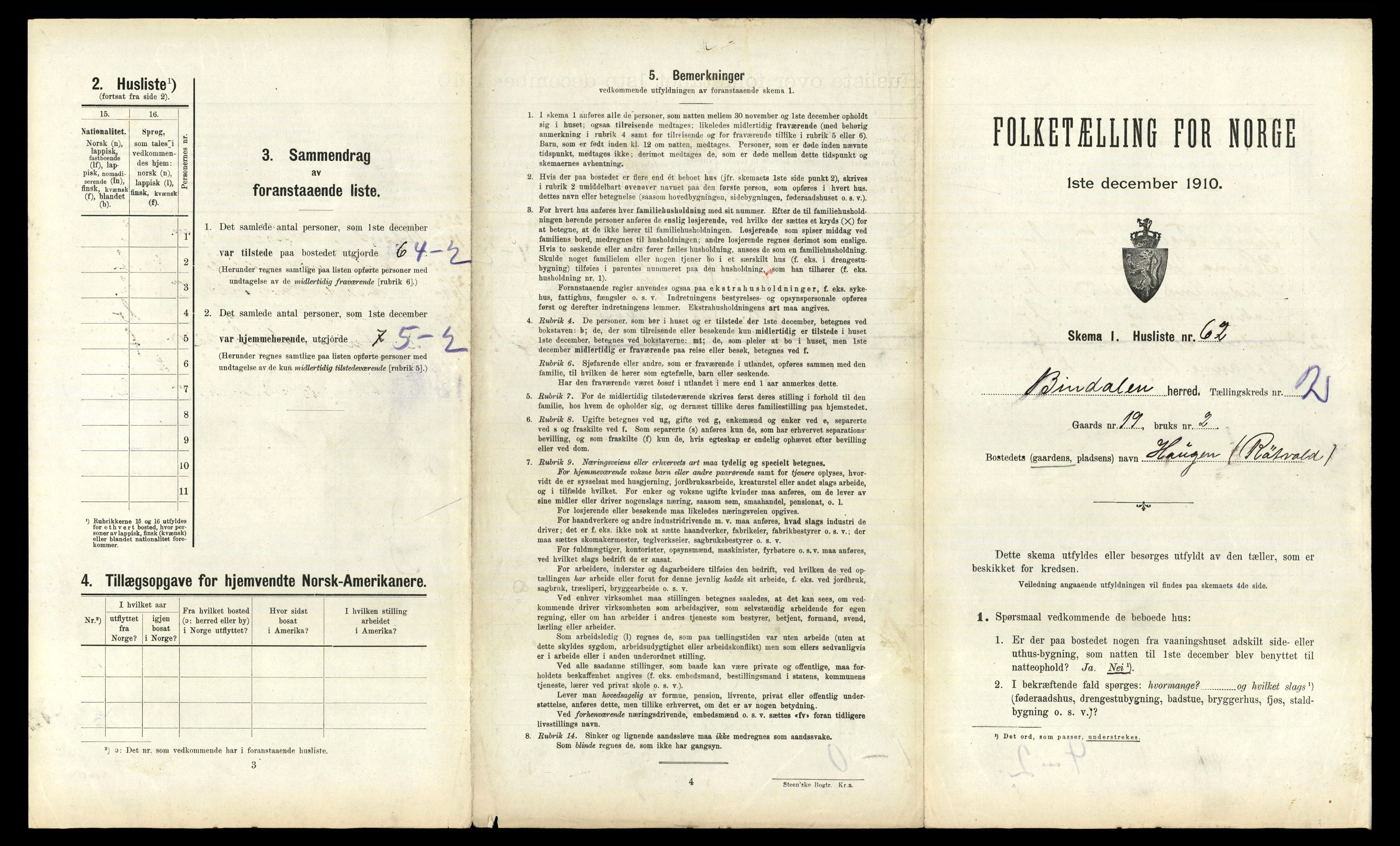 RA, 1910 census for Bindal, 1910, p. 272