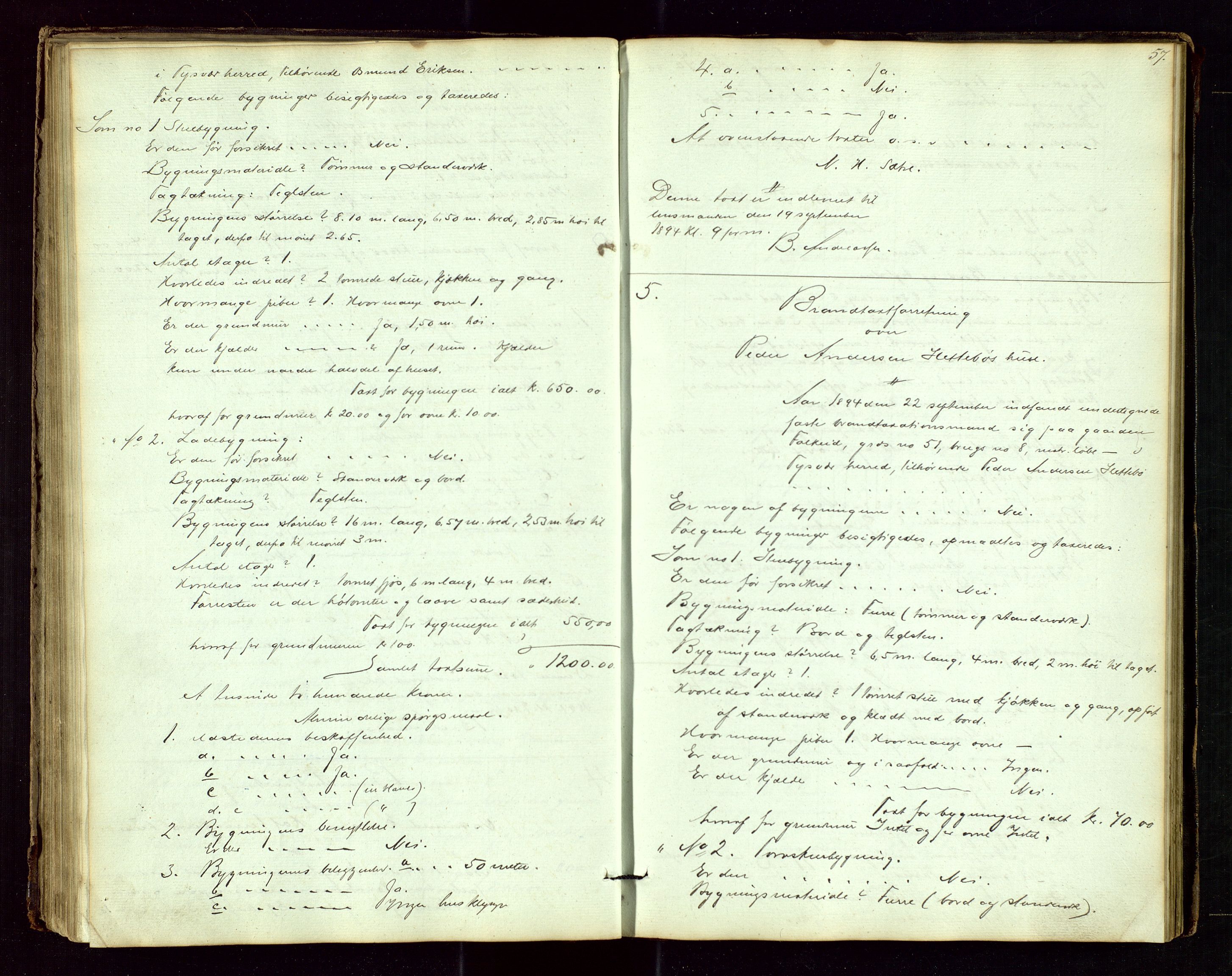 Tysvær lensmannskontor, AV/SAST-A-100192/Goa/L0001: "Brandtaxations-Protocol for Tysvær Thinglaug", 1846-1899, p. 56b-57a