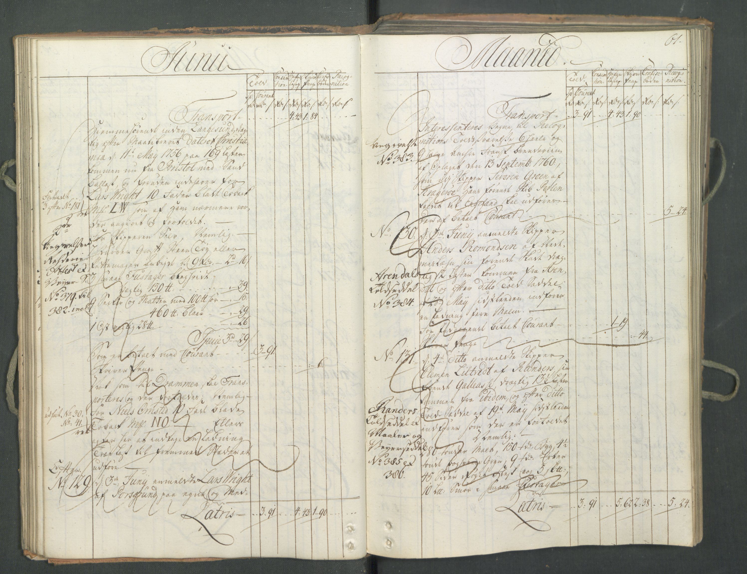 Generaltollkammeret, tollregnskaper, AV/RA-EA-5490/R12/L0046/0001: Tollregnskaper Langesund / Inngående hovedtollbok, 1762, p. 60b-61a