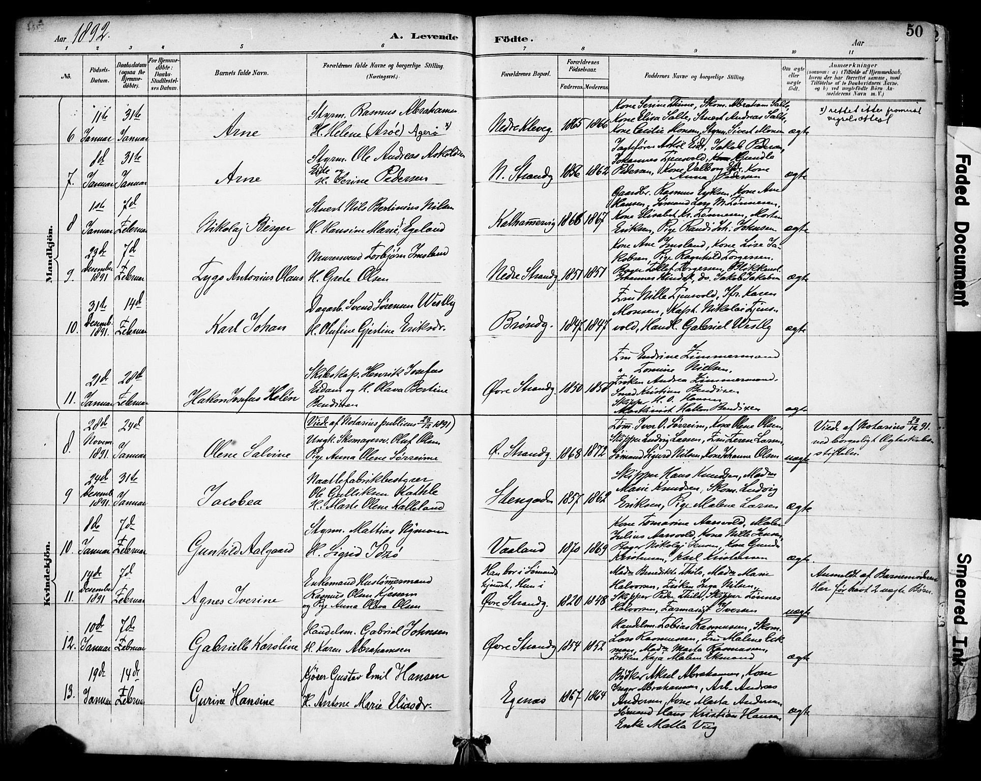 Domkirken sokneprestkontor, SAST/A-101812/001/30/30BA/L0030: Parish register (official) no. A 29, 1889-1902, p. 50