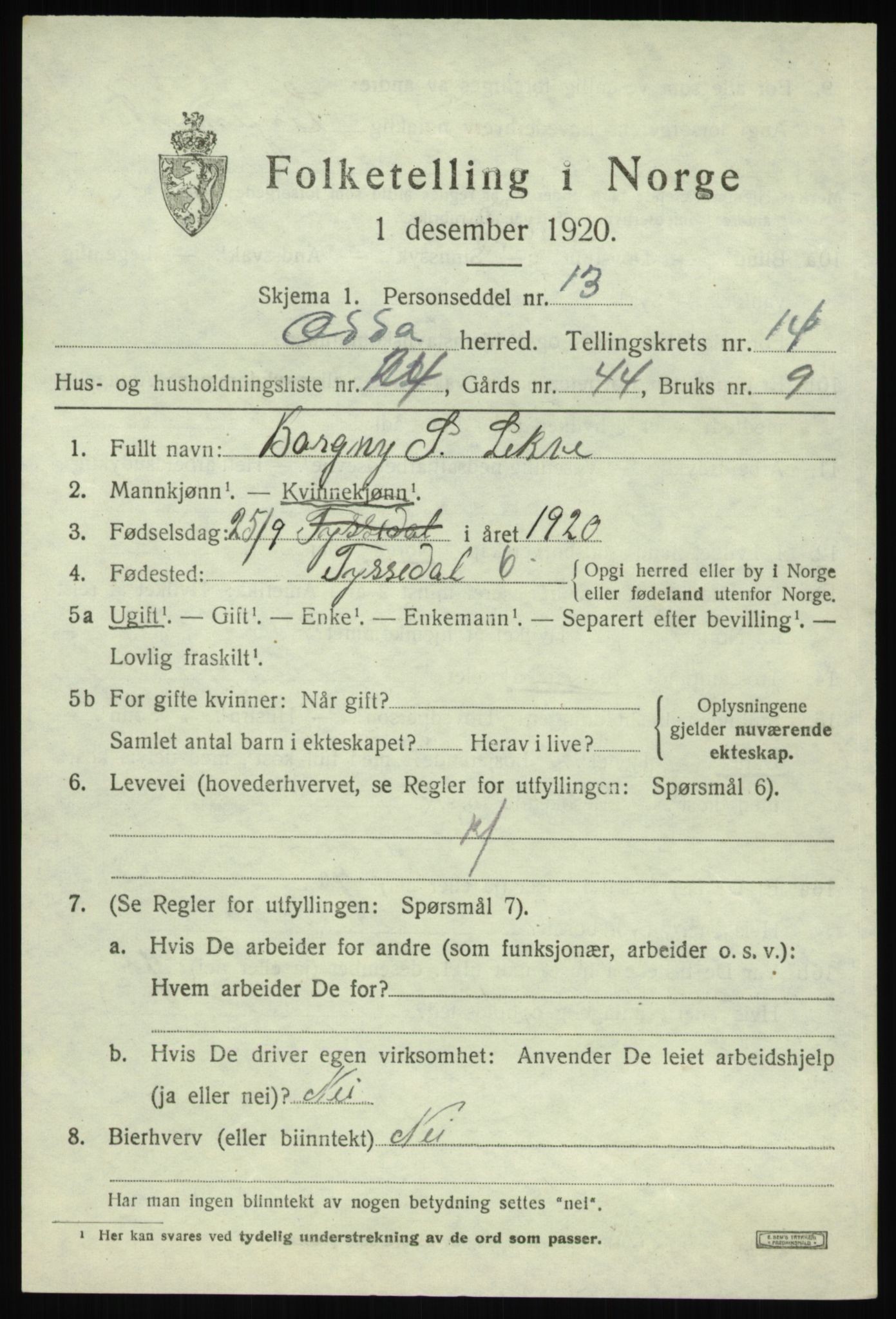 SAB, 1920 census for Odda, 1920, p. 12329