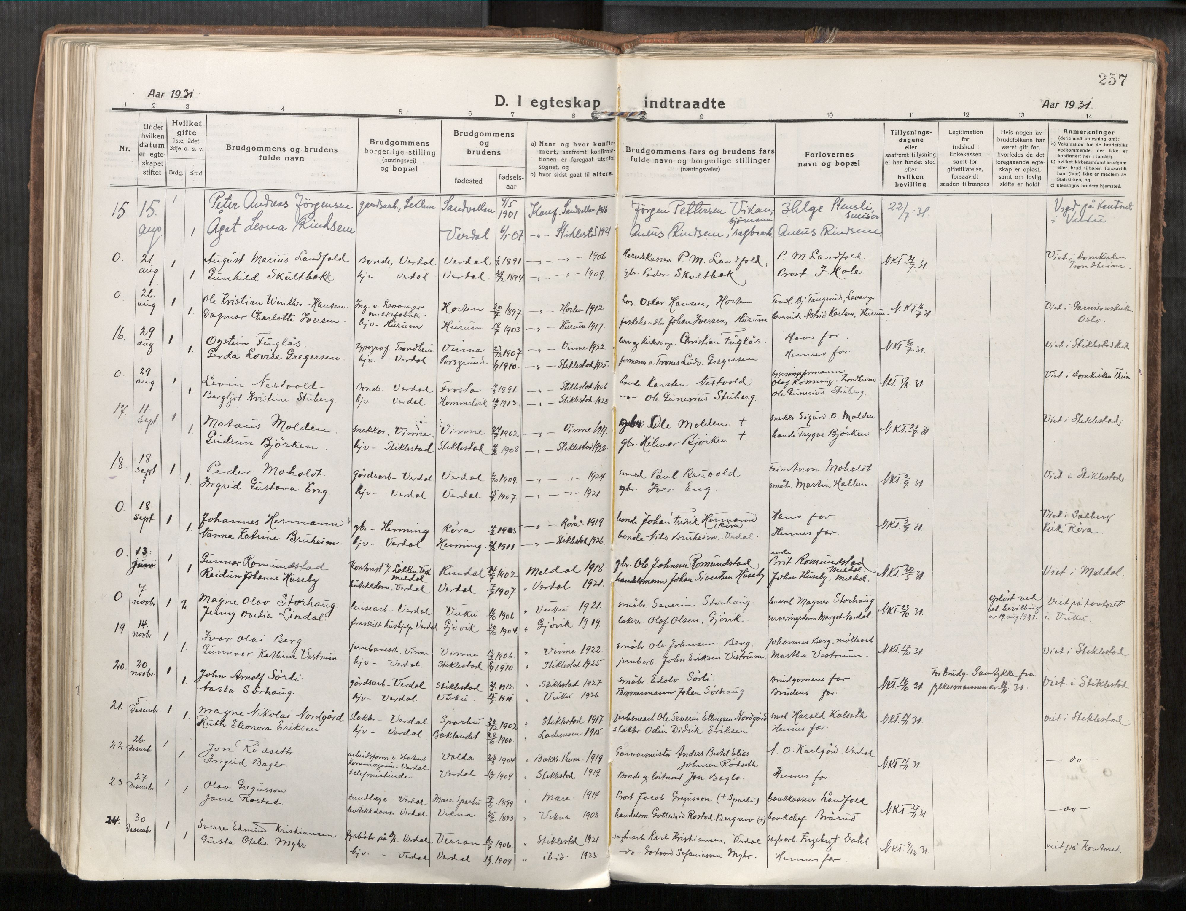 Verdal sokneprestkontor, SAT/A-1156/2/H/Haa/L0001: Parish register (official) no. 1, 1917-1932, p. 257