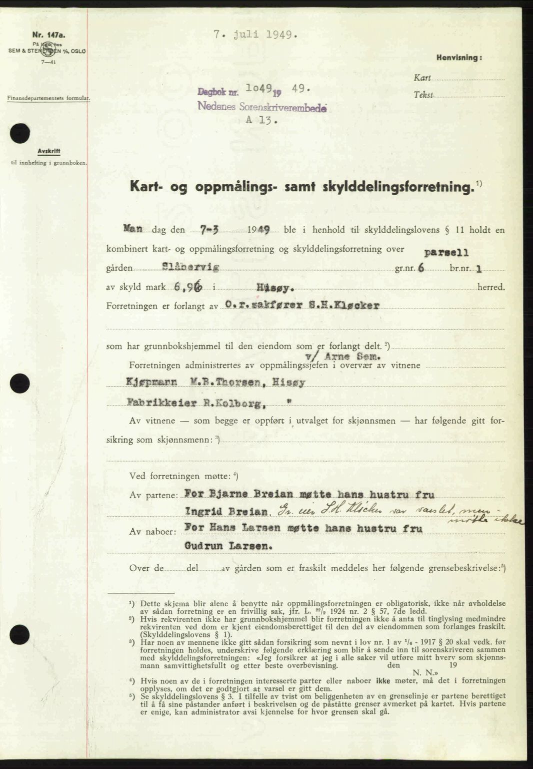 Nedenes sorenskriveri, SAK/1221-0006/G/Gb/Gba/L0061: Mortgage book no. A13, 1949-1949, Diary no: : 1049/1949