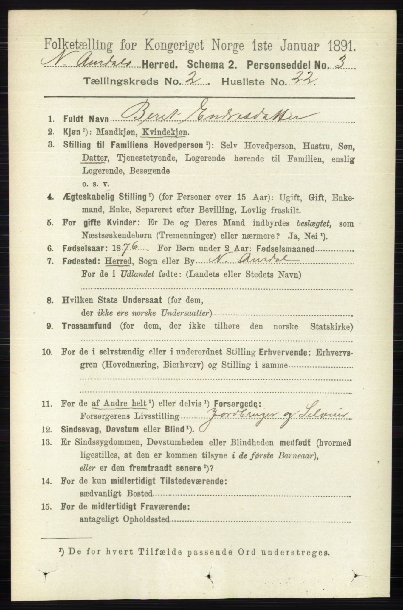 RA, 1891 census for 0542 Nord-Aurdal, 1891, p. 689