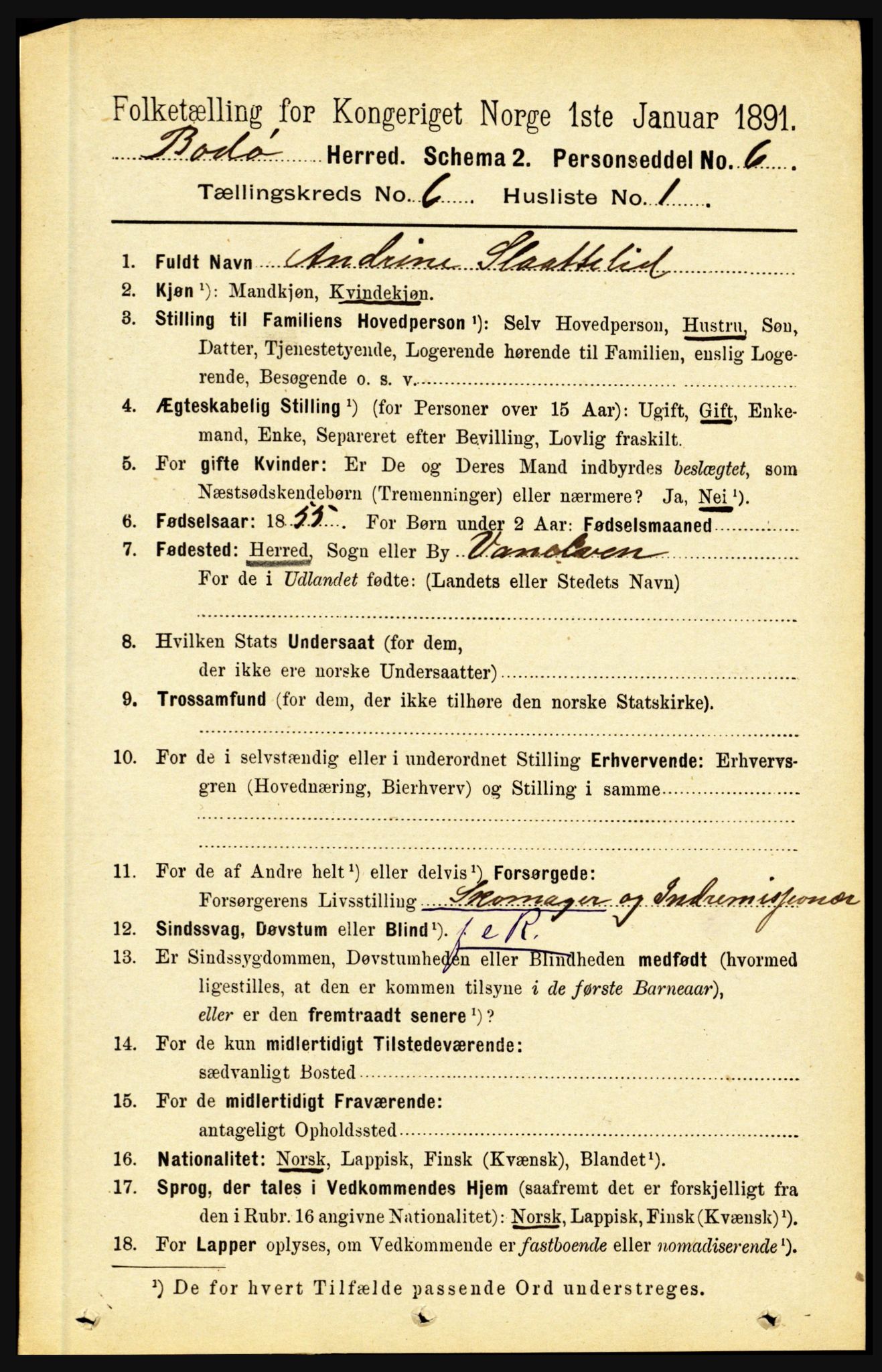 RA, 1891 census for 1843 Bodø, 1891, p. 3936