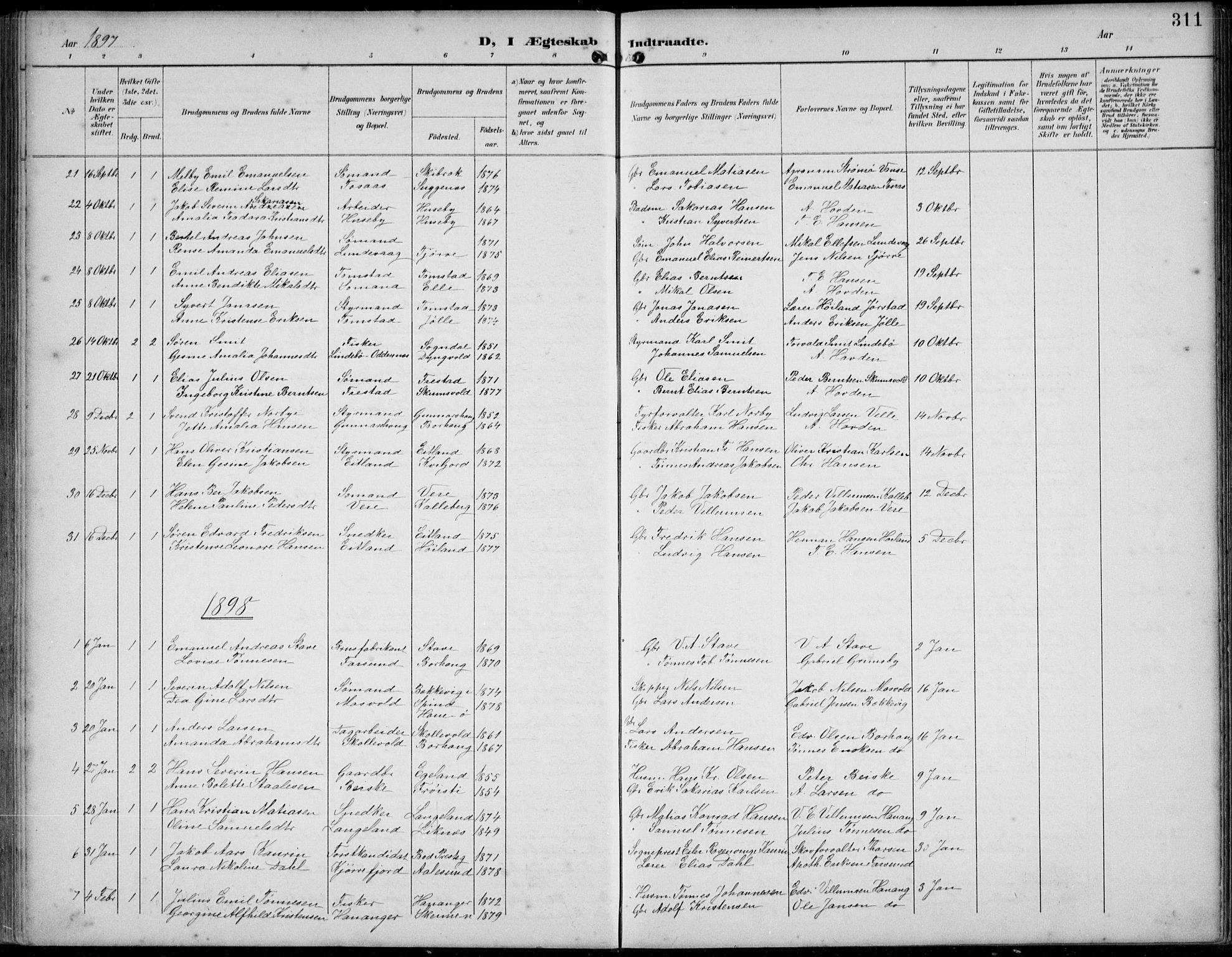 Lista sokneprestkontor, AV/SAK-1111-0027/F/Fb/L0005: Parish register (copy) no. B 5, 1892-1923, p. 311