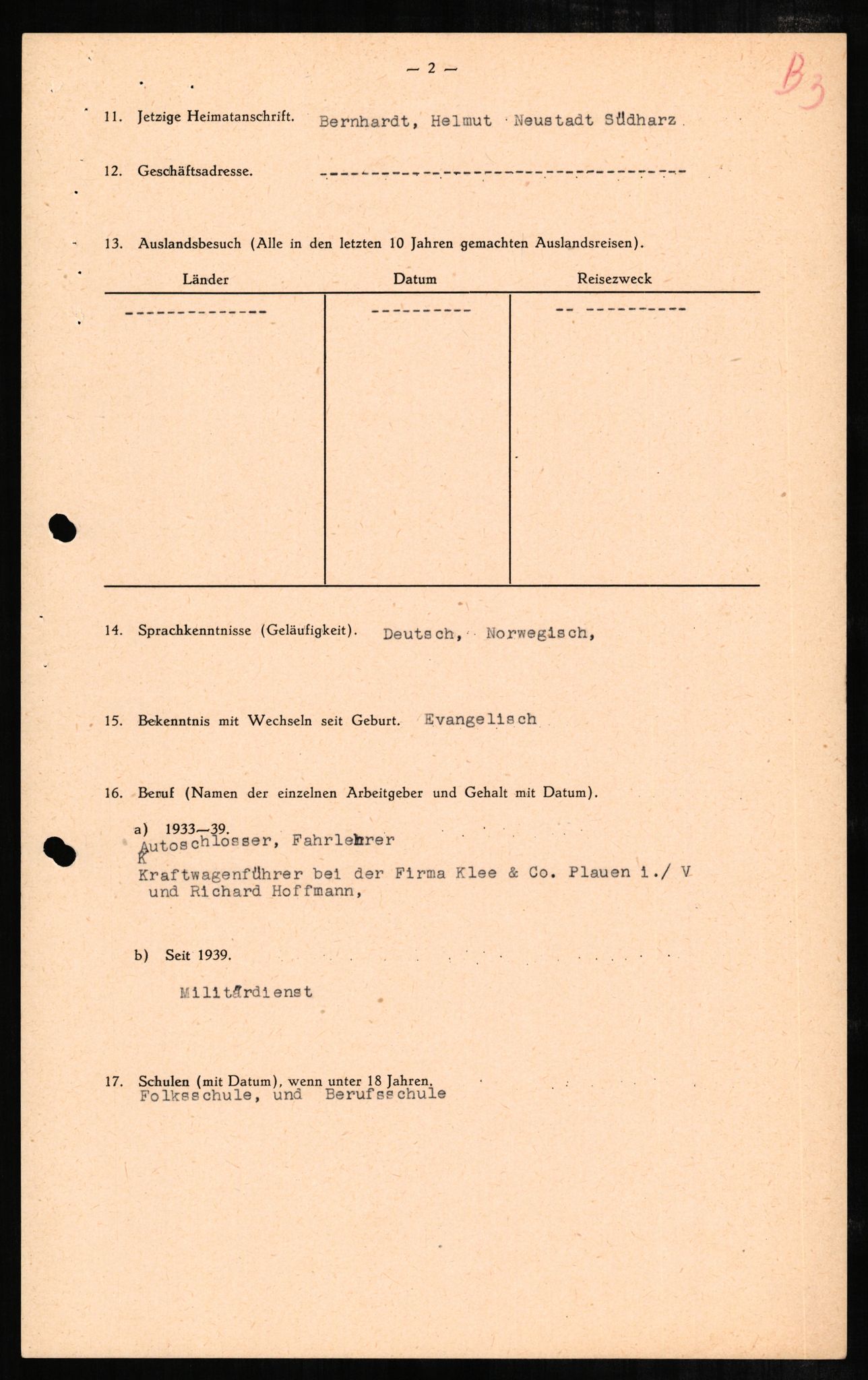 Forsvaret, Forsvarets overkommando II, RA/RAFA-3915/D/Db/L0002: CI Questionaires. Tyske okkupasjonsstyrker i Norge. Tyskere., 1945-1946, p. 602