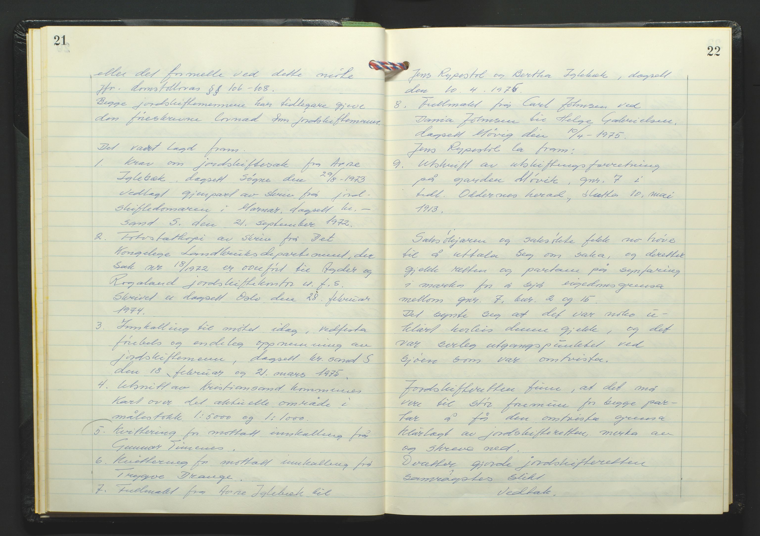 Marnar jordskifterett, AV/SAK-1541-0006/F/Fa/L0006: Jordskifterettsbok Kristiansand domssokn (Kr6), 1974-1978, p. 21-22