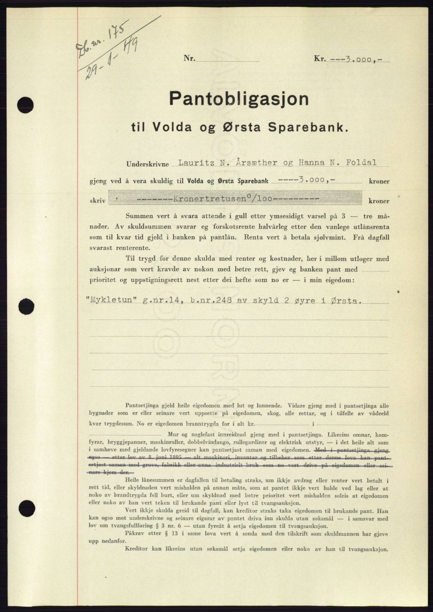 Søre Sunnmøre sorenskriveri, AV/SAT-A-4122/1/2/2C/L0116: Mortgage book no. 4B, 1948-1949, Diary no: : 175/1949