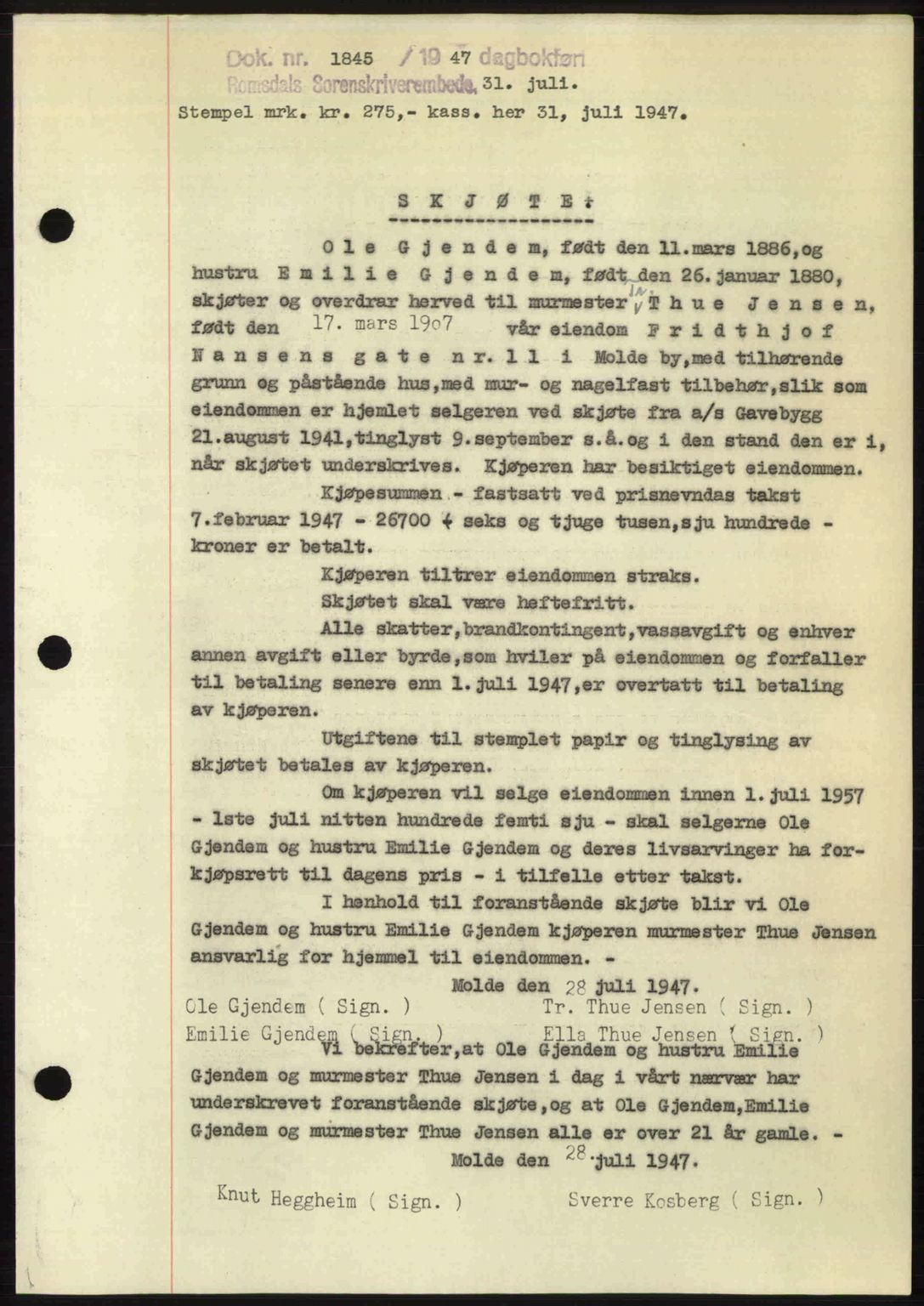 Romsdal sorenskriveri, AV/SAT-A-4149/1/2/2C: Mortgage book no. A23, 1947-1947, Diary no: : 1845/1947