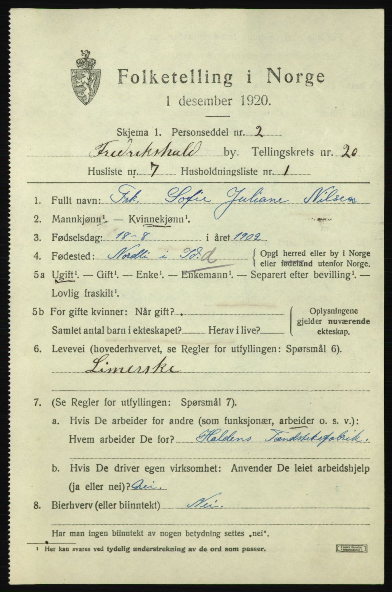 SAO, 1920 census for Fredrikshald, 1920, p. 29301
