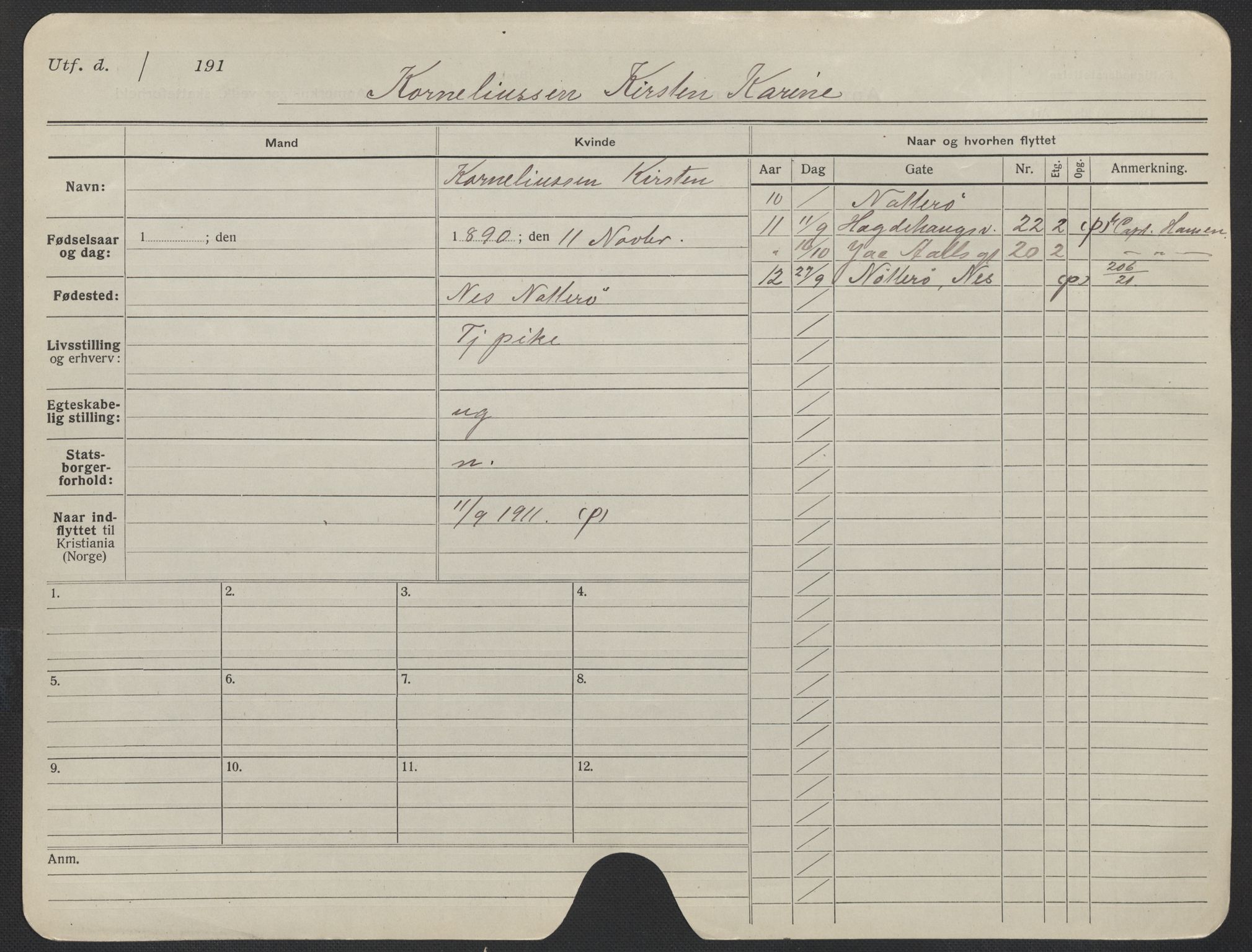 Oslo folkeregister, Registerkort, AV/SAO-A-11715/F/Fa/Fac/L0019: Kvinner, 1906-1914, p. 54a