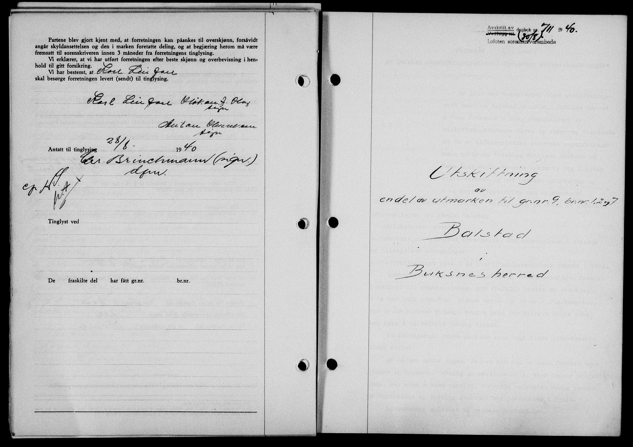 Lofoten sorenskriveri, SAT/A-0017/1/2/2C/L0007a: Mortgage book no. 7a, 1939-1940, Diary no: : 711/1940