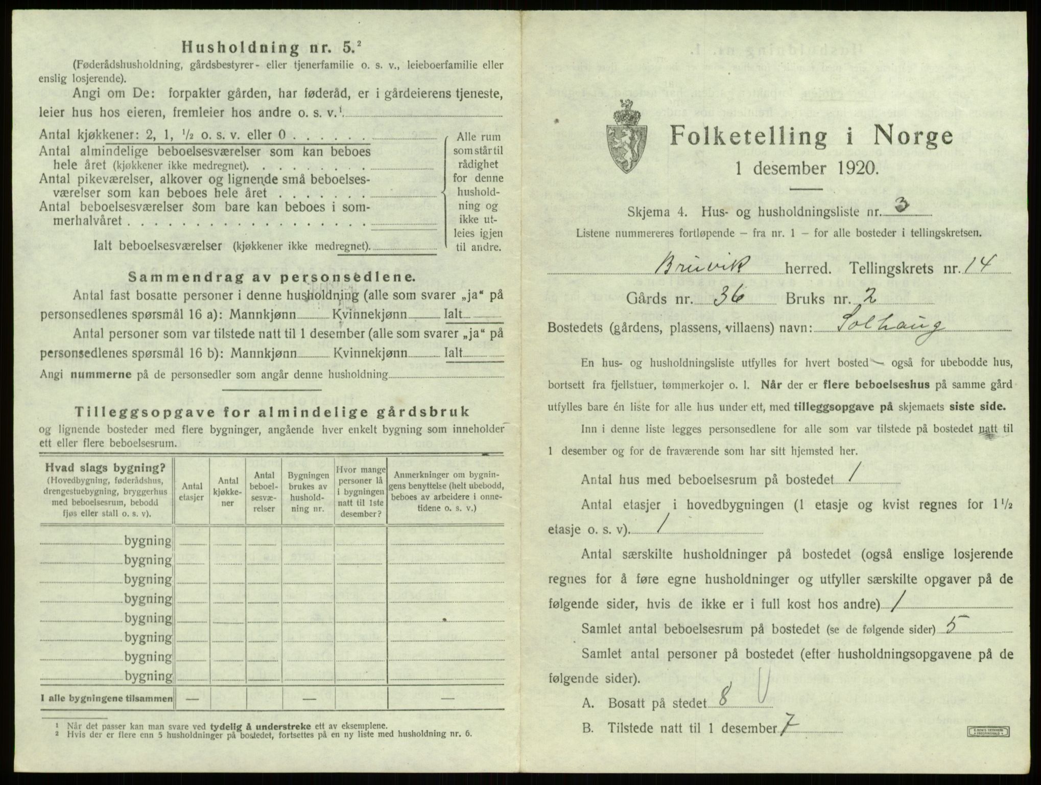 SAB, 1920 census for Bruvik, 1920, p. 944