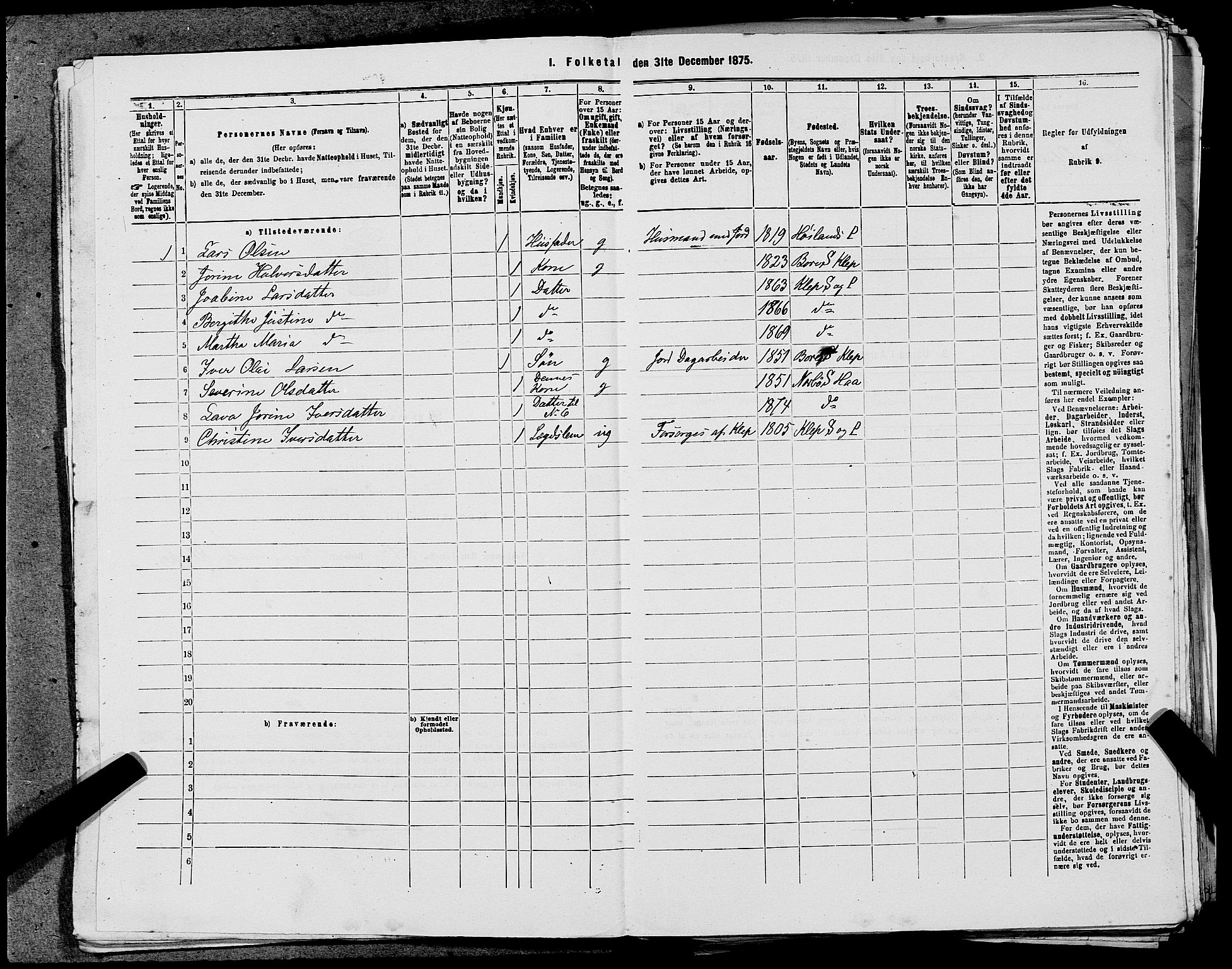 SAST, 1875 census for 1120P Klepp, 1875, p. 362