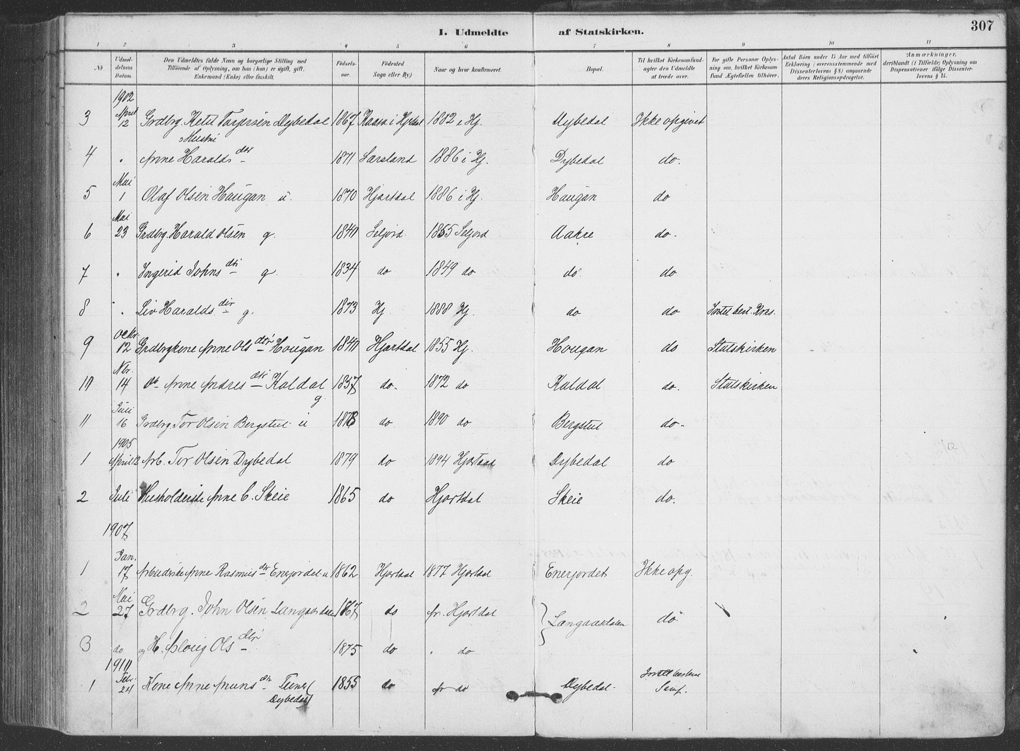 Hjartdal kirkebøker, SAKO/A-270/F/Fa/L0010: Parish register (official) no. I 10, 1880-1929, p. 307