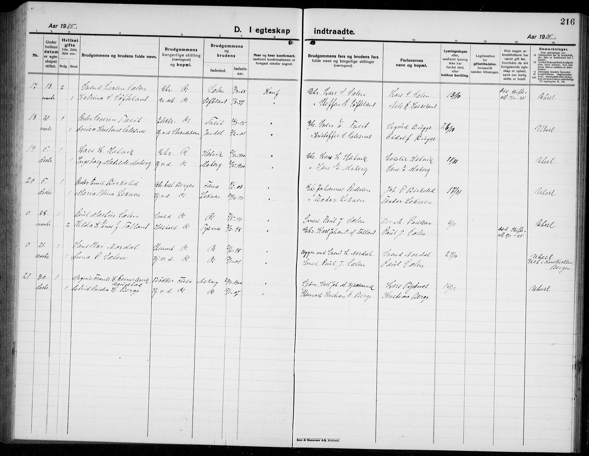 Os sokneprestembete, SAB/A-99929: Parish register (copy) no. A 5, 1923-1941, p. 216