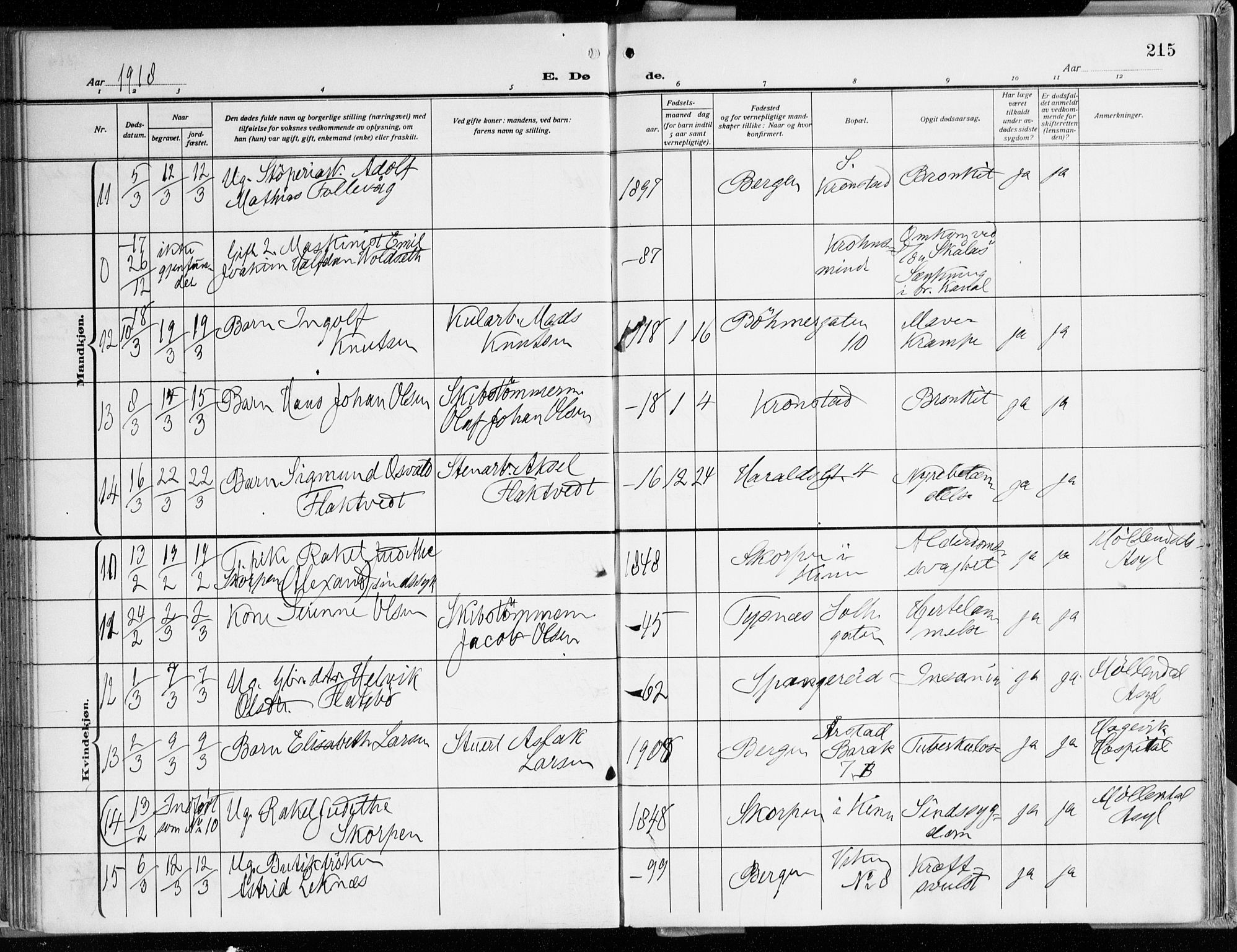 Årstad Sokneprestembete, AV/SAB-A-79301/H/Haa/L0003: Parish register (official) no. A 3, 1914-1919, p. 215