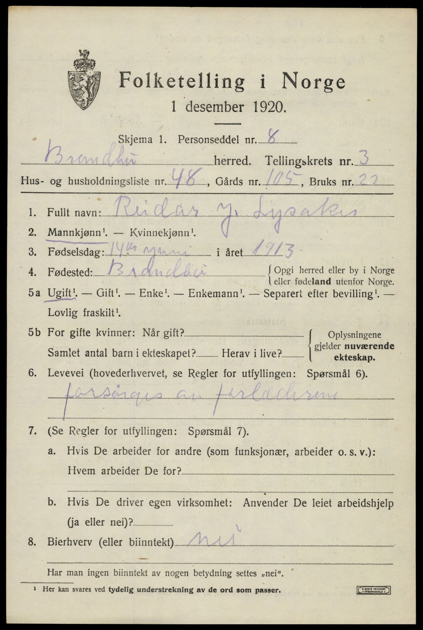 SAH, 1920 census for Brandbu, 1920, p. 8507