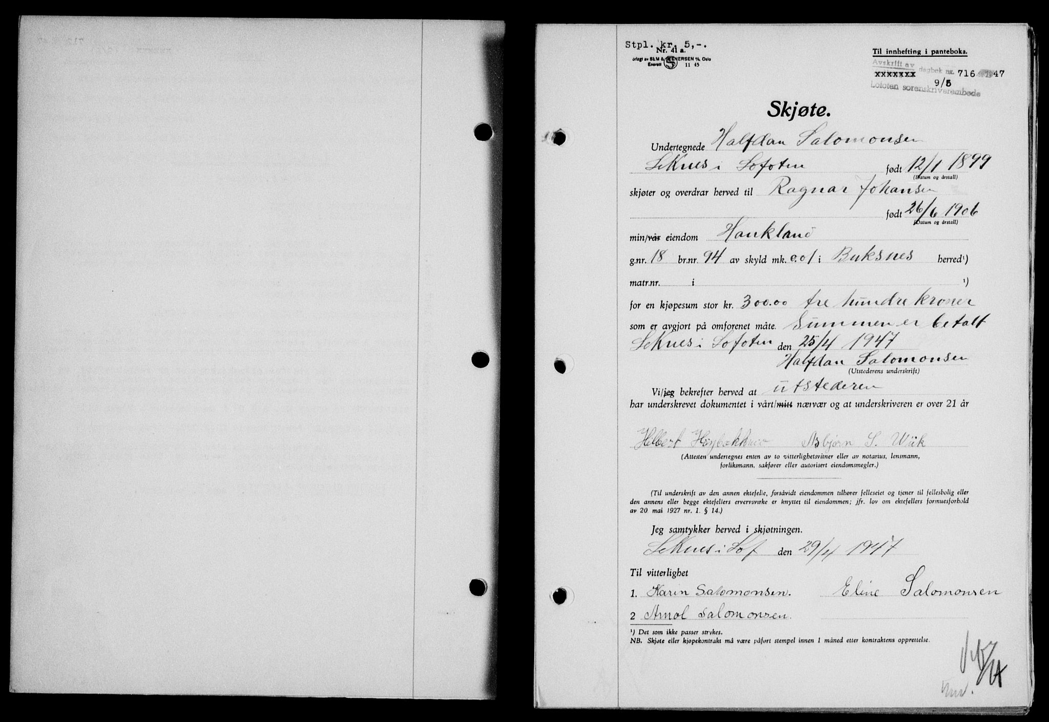 Lofoten sorenskriveri, SAT/A-0017/1/2/2C/L0016a: Mortgage book no. 16a, 1947-1947, Diary no: : 716/1947