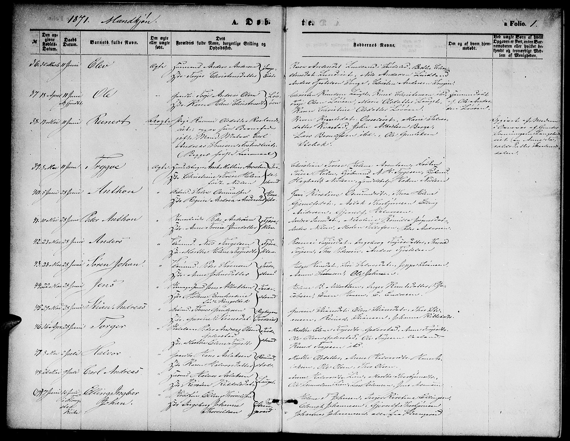 Holt sokneprestkontor, SAK/1111-0021/F/Fb/L0009: Parish register (copy) no. B 9, 1871-1883, p. 1