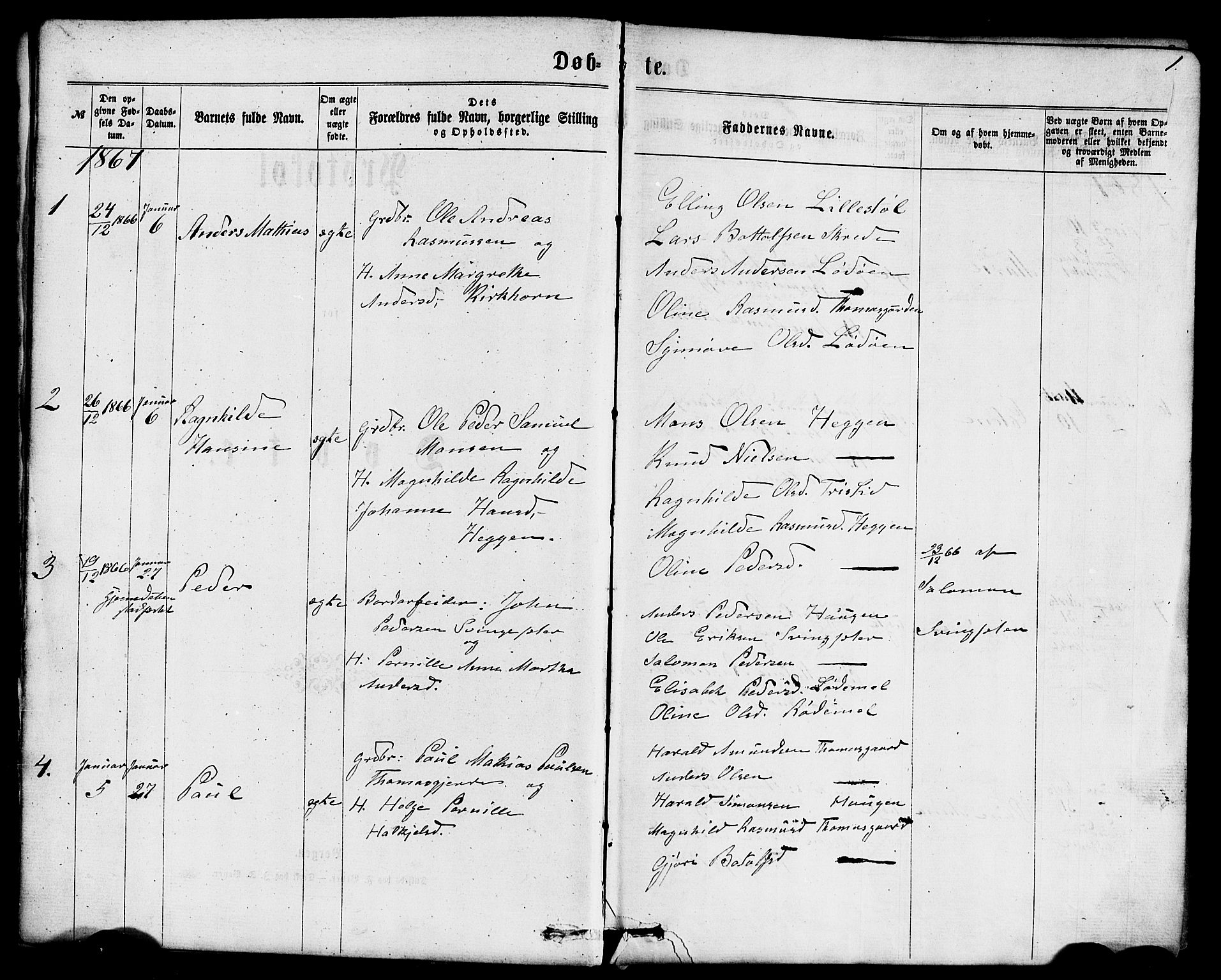 Hornindal sokneprestembete, SAB/A-82401/H/Haa/Haaa/L0002: Parish register (official) no. A 2, 1867-1884, p. 1