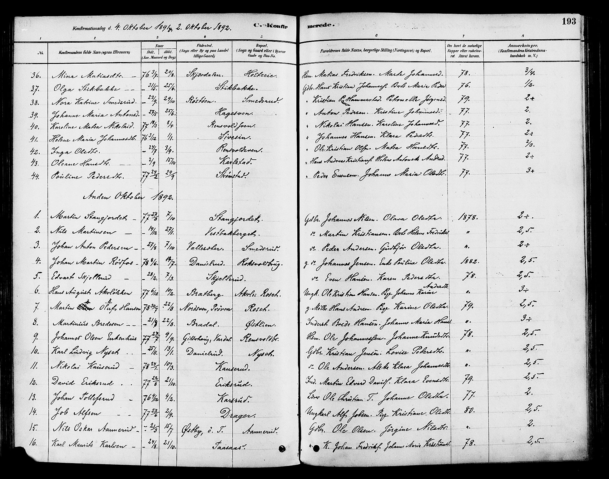 Vestre Toten prestekontor, SAH/PREST-108/H/Ha/Haa/L0009: Parish register (official) no. 9, 1878-1894, p. 193