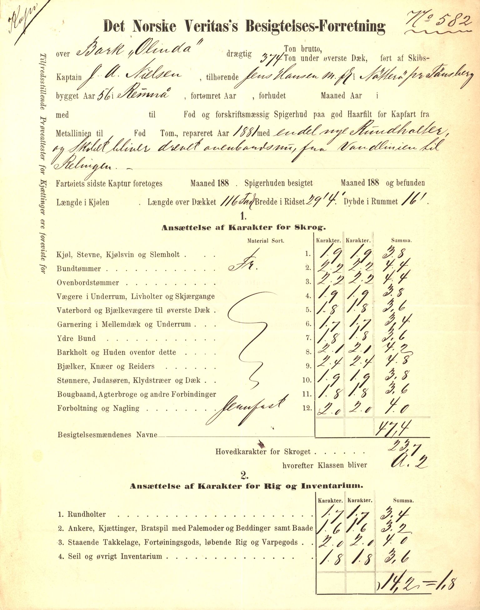 Pa 63 - Østlandske skibsassuranceforening, VEMU/A-1079/G/Ga/L0014/0009: Havaridokumenter / Peter, Olinda, Prinds Chr. August, Poseidon, 1882, p. 38