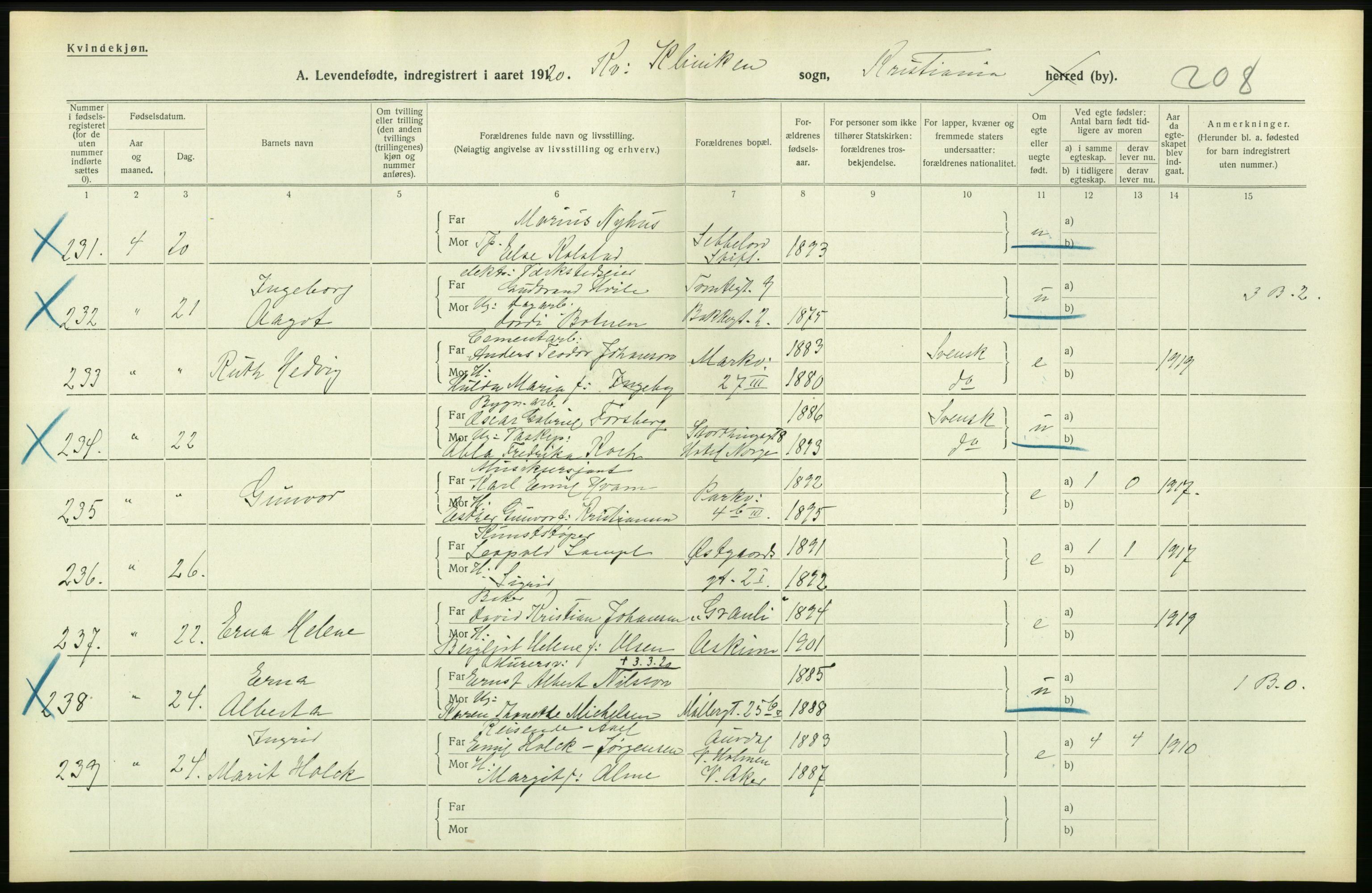 Statistisk sentralbyrå, Sosiodemografiske emner, Befolkning, AV/RA-S-2228/D/Df/Dfb/Dfbj/L0008: Kristiania: Levendefødte menn og kvinner., 1920, p. 576