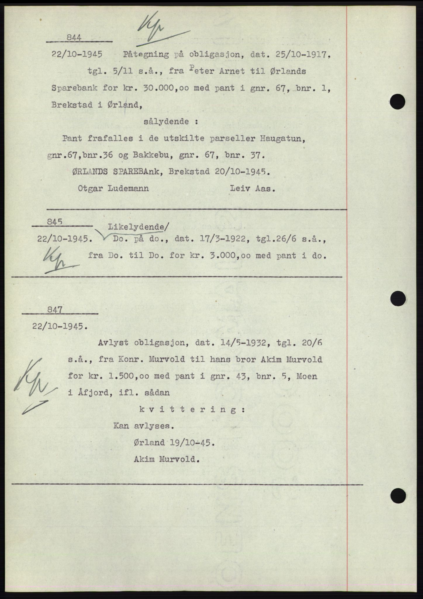 Fosen sorenskriveri, AV/SAT-A-1107/1/2/2C: Mortgage book no. B1, 1943-1946, Diary no: : 844/1945