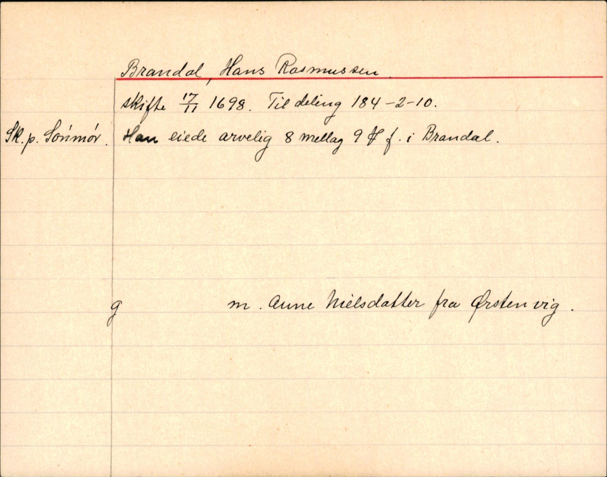 Sollied, Olaf og Thora - samlinger, AV/SAB-SAB/DA-0401/01/L0041: Registerkort skuff 2, Brandal - Døsen, p. 5