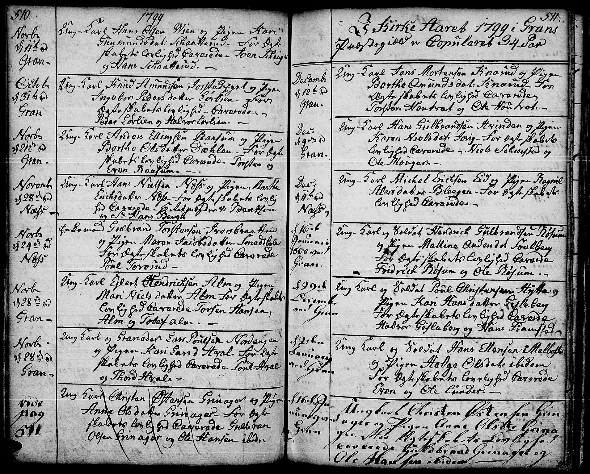 Gran prestekontor, SAH/PREST-112/H/Ha/Haa/L0006: Parish register (official) no. 6, 1787-1824, p. 510-511