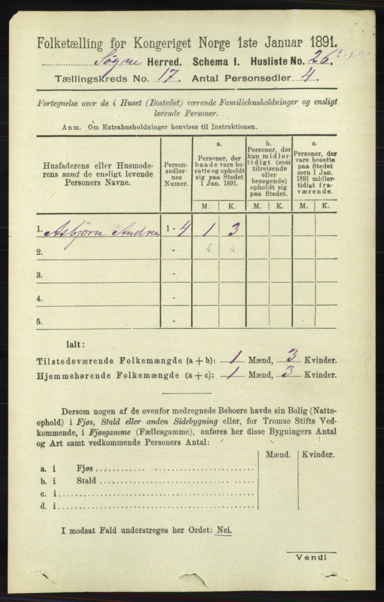 RA, 1891 census for 1018 Søgne, 1891, p. 4492