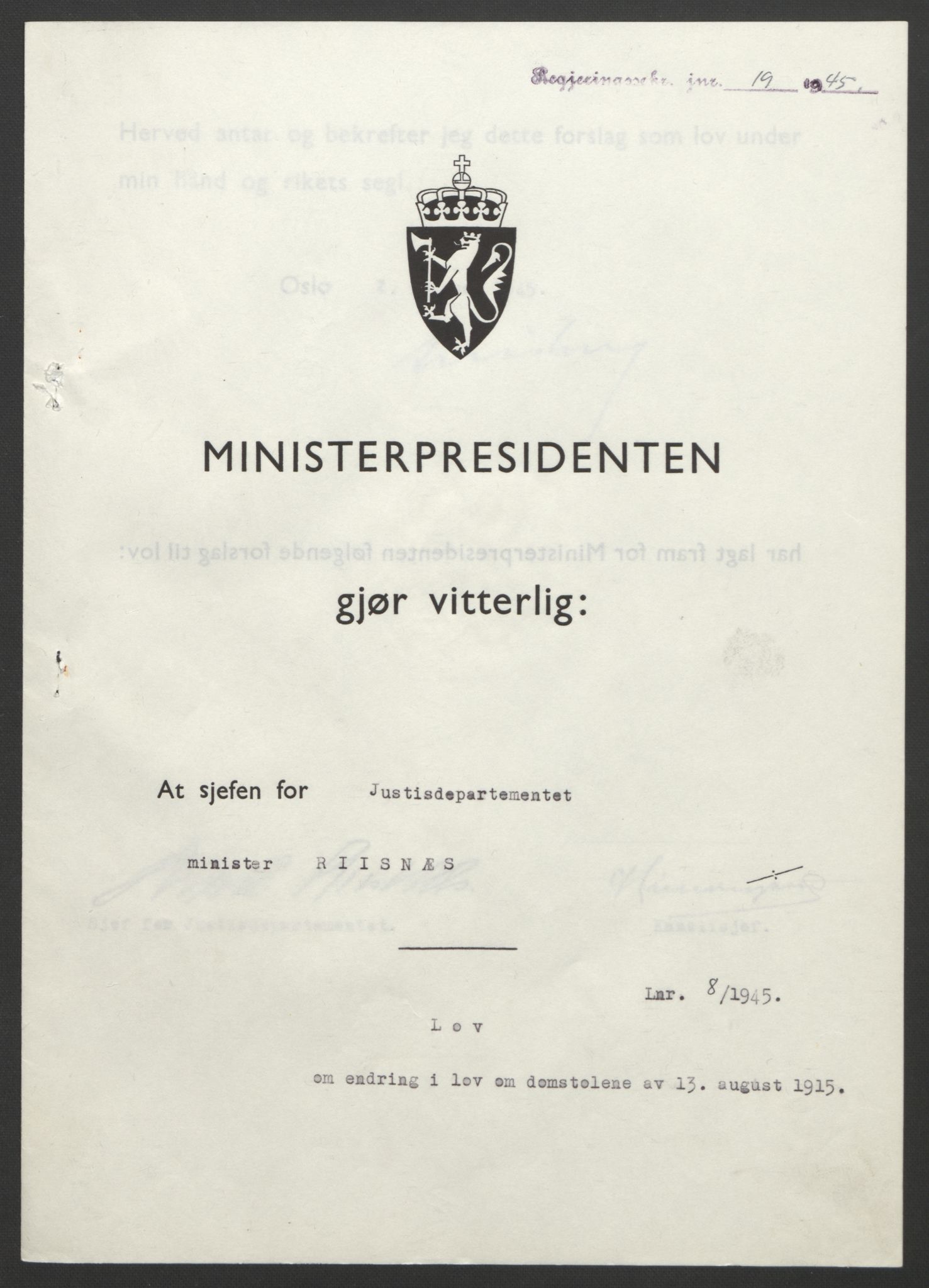 NS-administrasjonen 1940-1945 (Statsrådsekretariatet, de kommisariske statsråder mm), RA/S-4279/D/Db/L0101/0001: -- / Lover og vedtak, 1945, p. 31