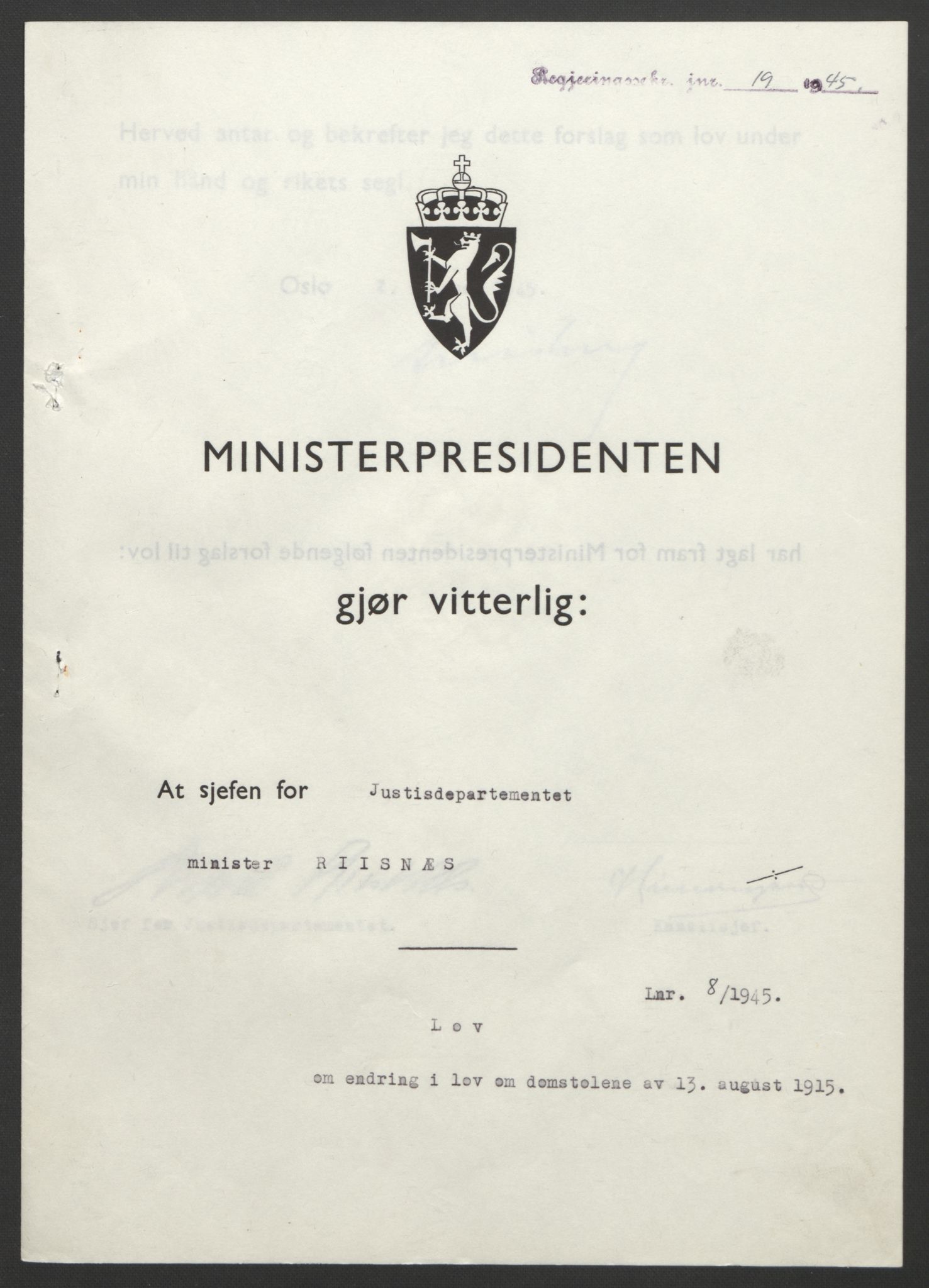 NS-administrasjonen 1940-1945 (Statsrådsekretariatet, de kommisariske statsråder mm), AV/RA-S-4279/D/Db/L0101/0001: -- / Lover og vedtak, 1945, p. 31