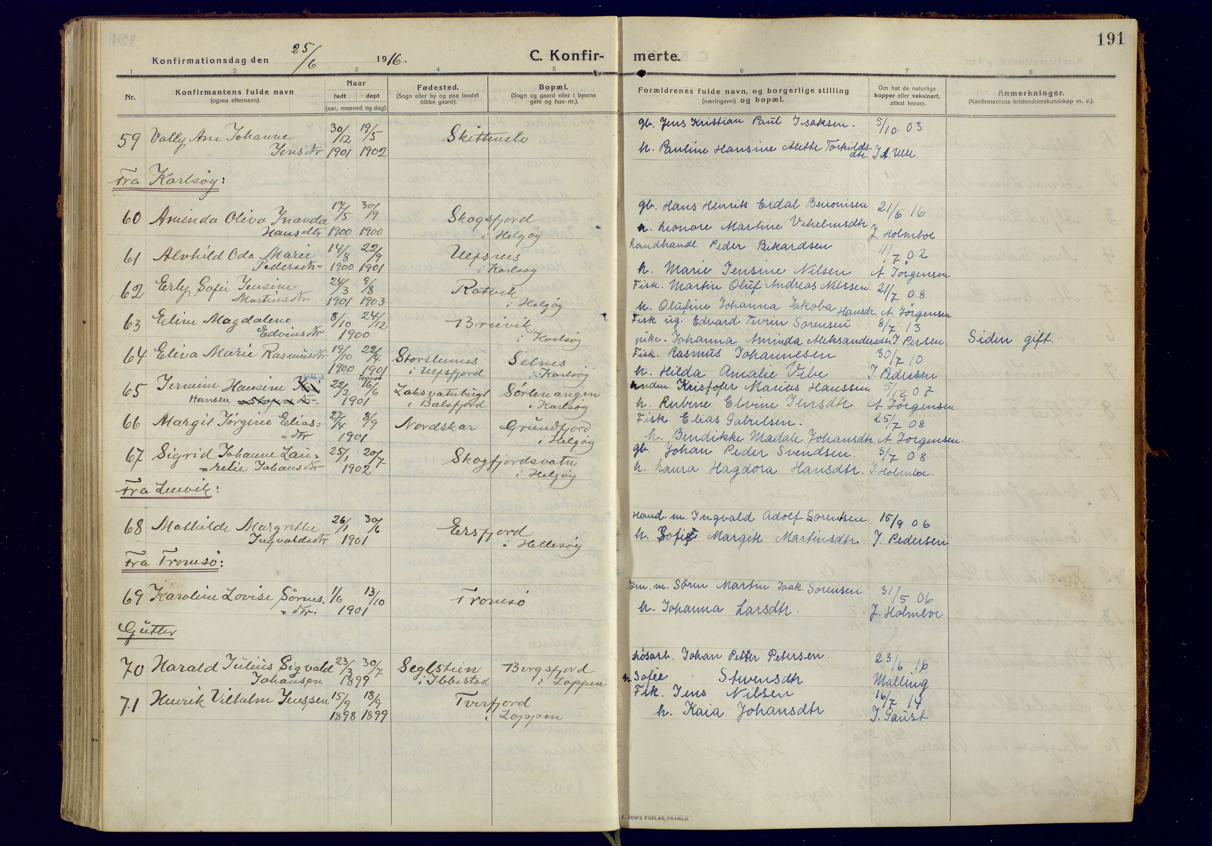 Tromsøysund sokneprestkontor, AV/SATØ-S-1304/G/Ga/L0008kirke: Parish register (official) no. 8, 1914-1922, p. 191