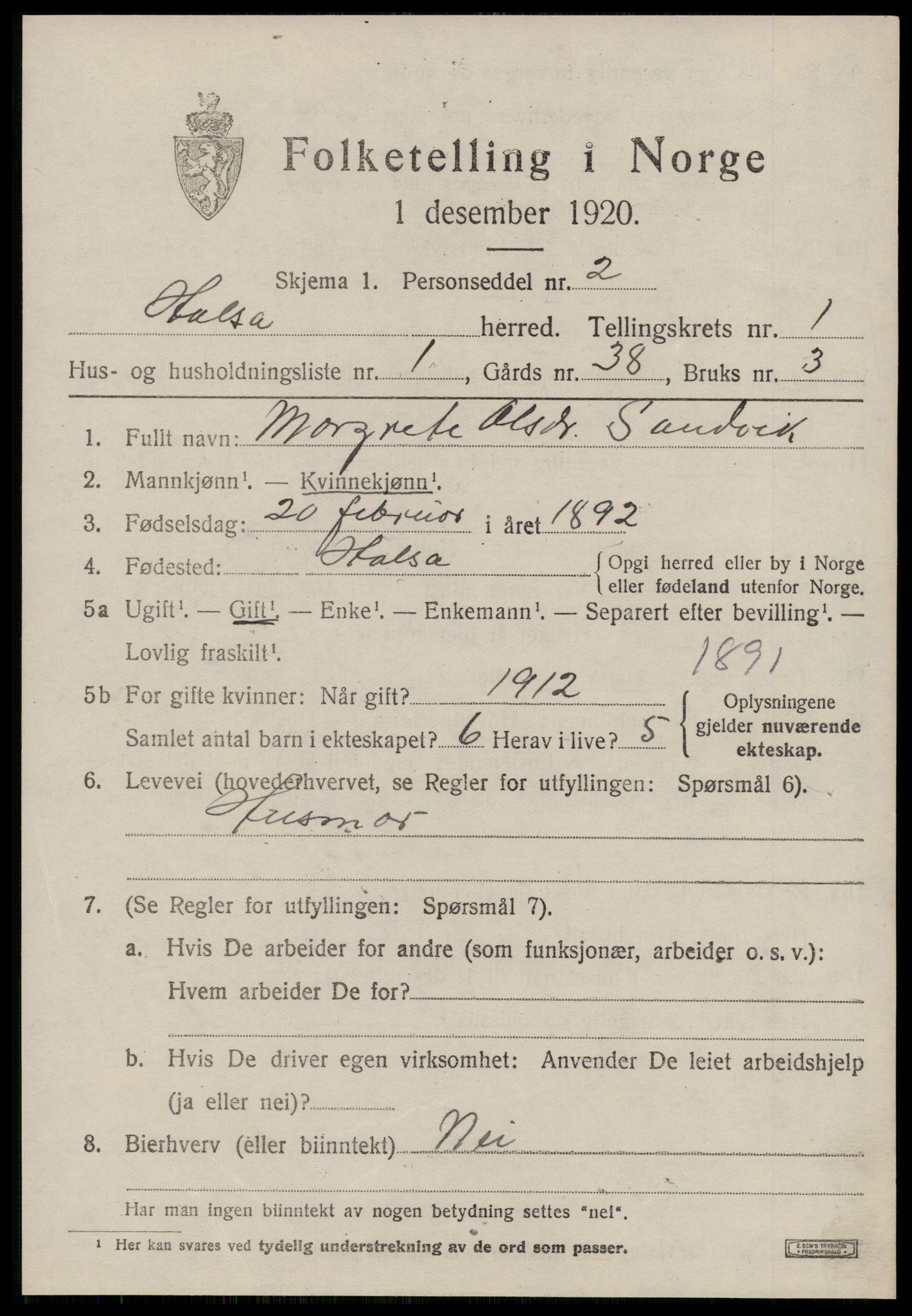 SAT, 1920 census for Halsa, 1920, p. 444