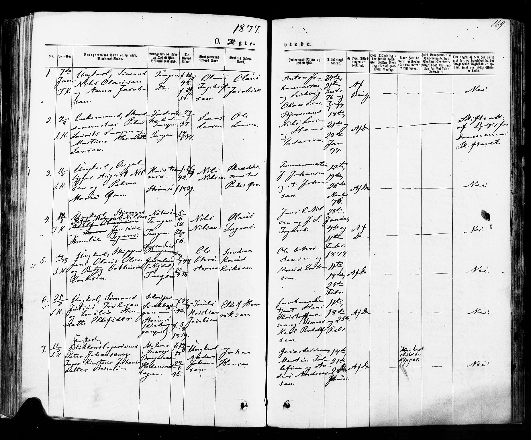 Strømsø kirkebøker, SAKO/A-246/F/Fa/L0018: Parish register (official) no. I 18, 1865-1878, p. 169