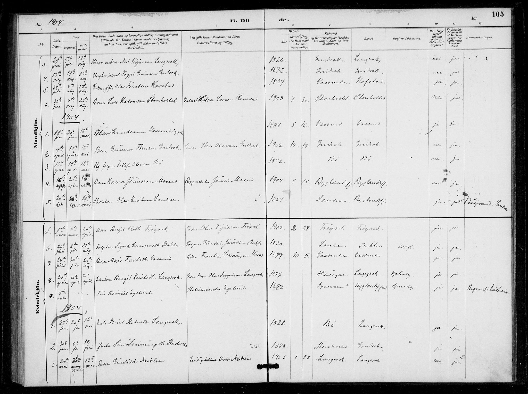 Bygland sokneprestkontor, SAK/1111-0006/F/Fa/Fad/L0001: Parish register (official) no. A 1, 1885-1906, p. 105