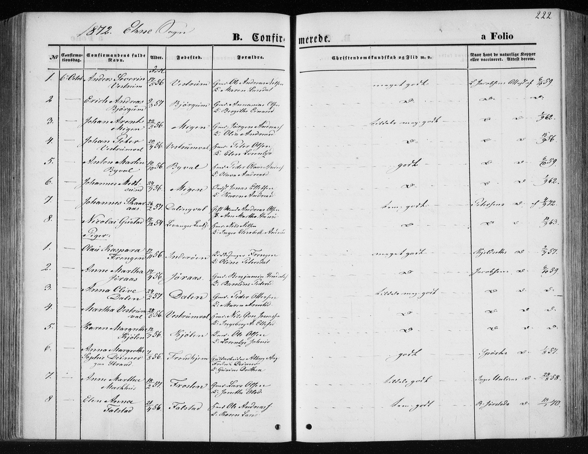 Ministerialprotokoller, klokkerbøker og fødselsregistre - Nord-Trøndelag, AV/SAT-A-1458/717/L0157: Parish register (official) no. 717A08 /1, 1863-1877, p. 222