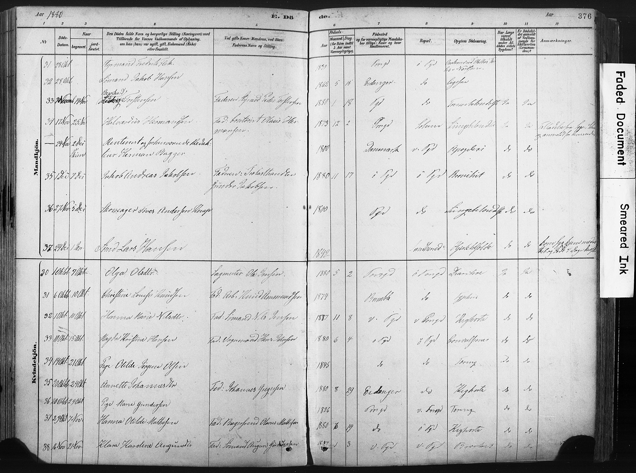 Porsgrunn kirkebøker , SAKO/A-104/F/Fa/L0008: Parish register (official) no. 8, 1878-1895, p. 376