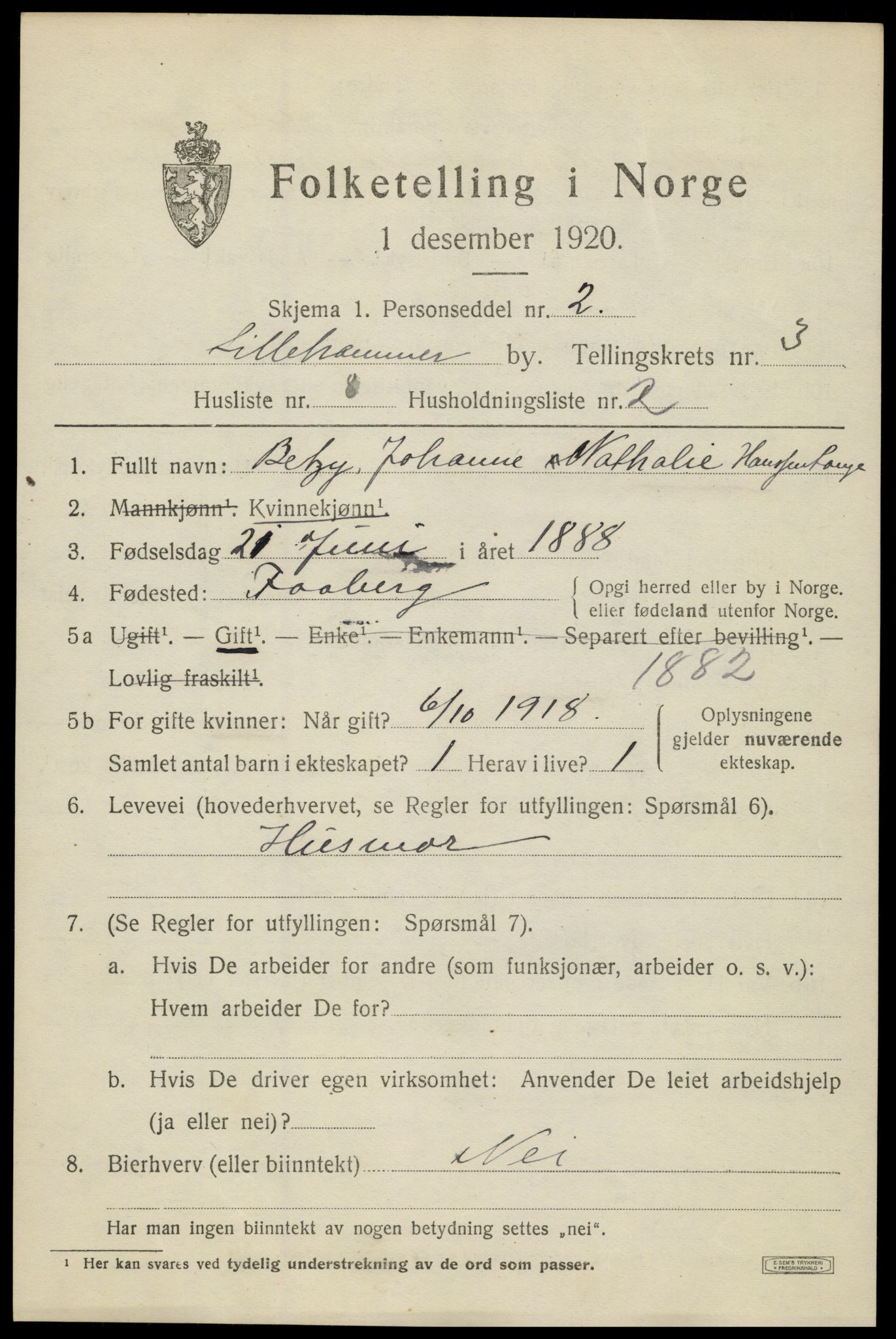SAH, 1920 census for Lillehammer, 1920, p. 5798
