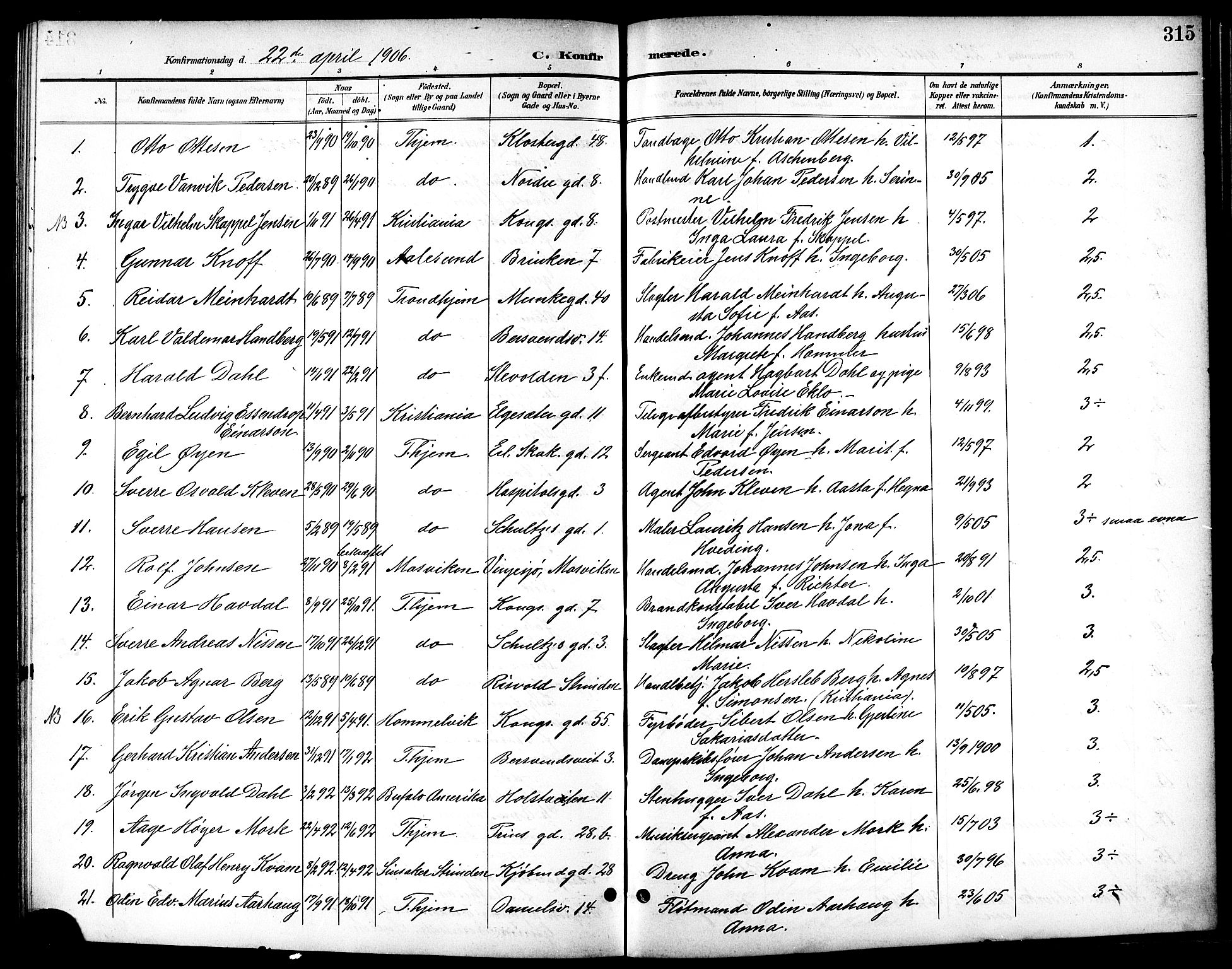 Ministerialprotokoller, klokkerbøker og fødselsregistre - Sør-Trøndelag, SAT/A-1456/601/L0094: Parish register (copy) no. 601C12, 1898-1911, p. 315