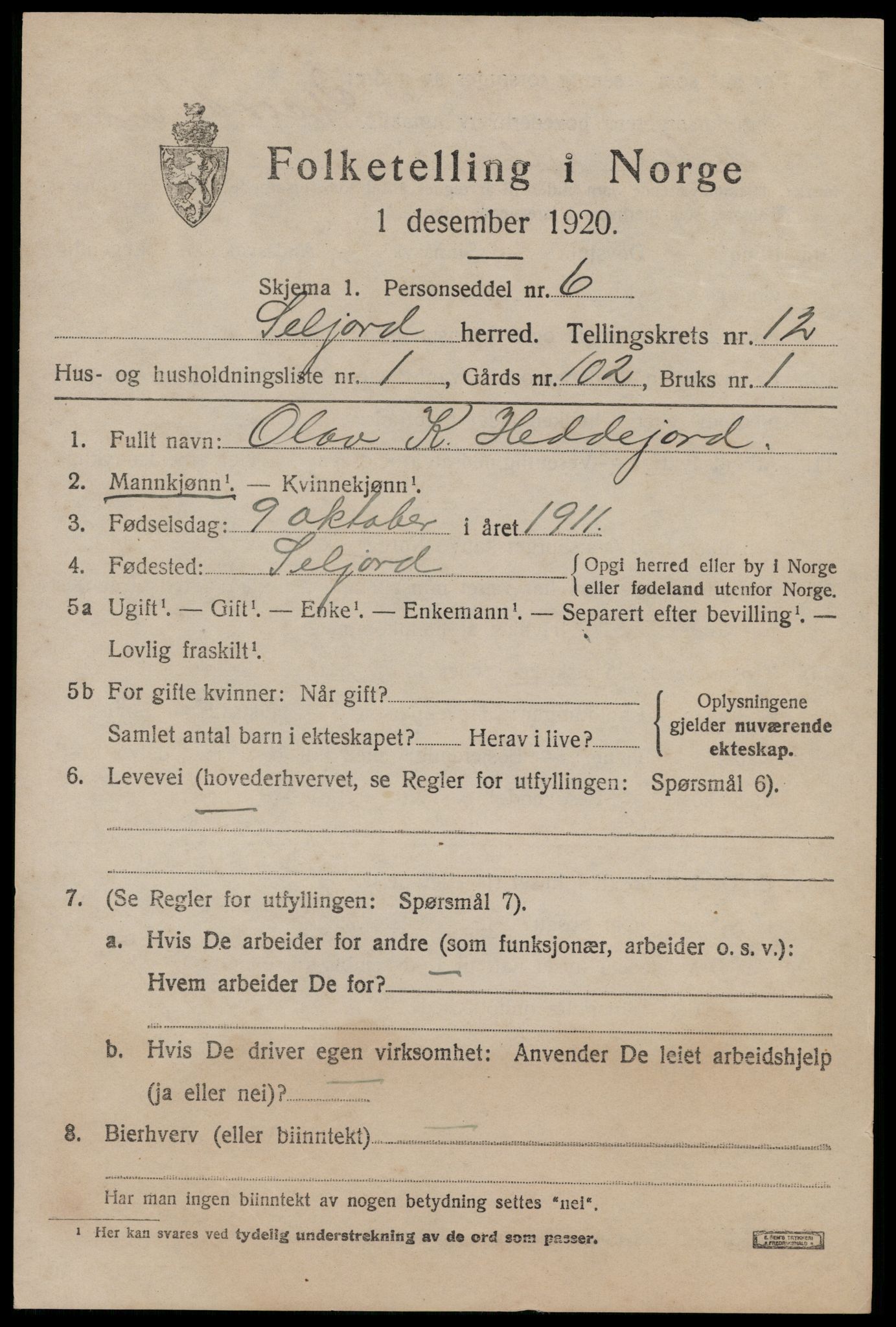 SAKO, 1920 census for Seljord, 1920, p. 5764