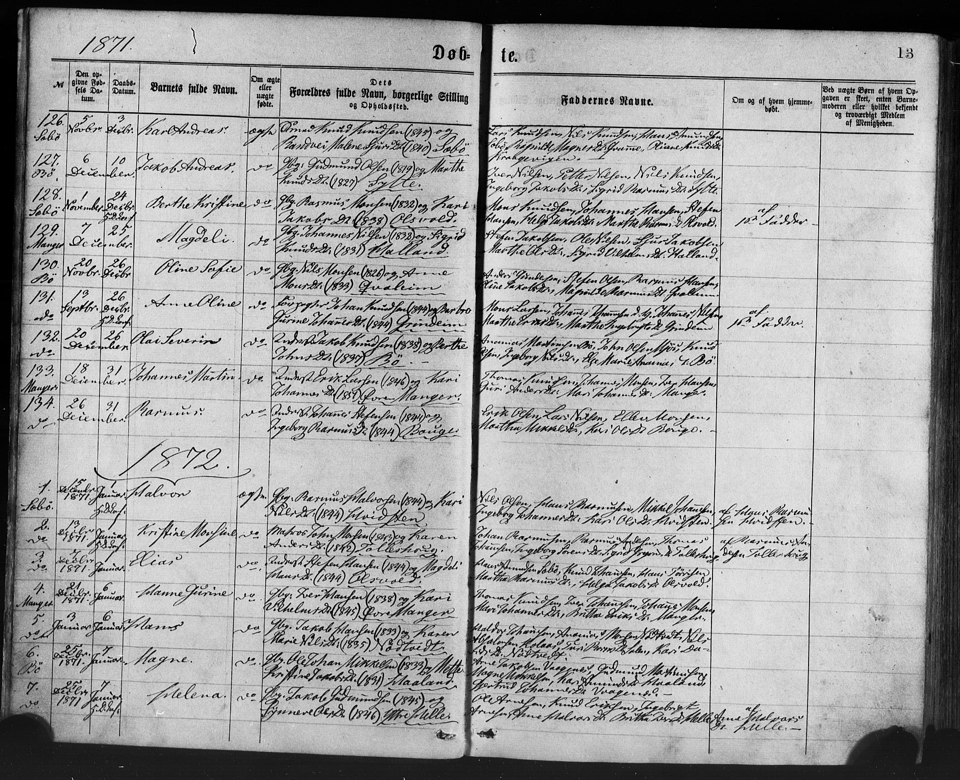 Manger sokneprestembete, SAB/A-76801/H/Haa: Parish register (official) no. A 8, 1871-1880, p. 13