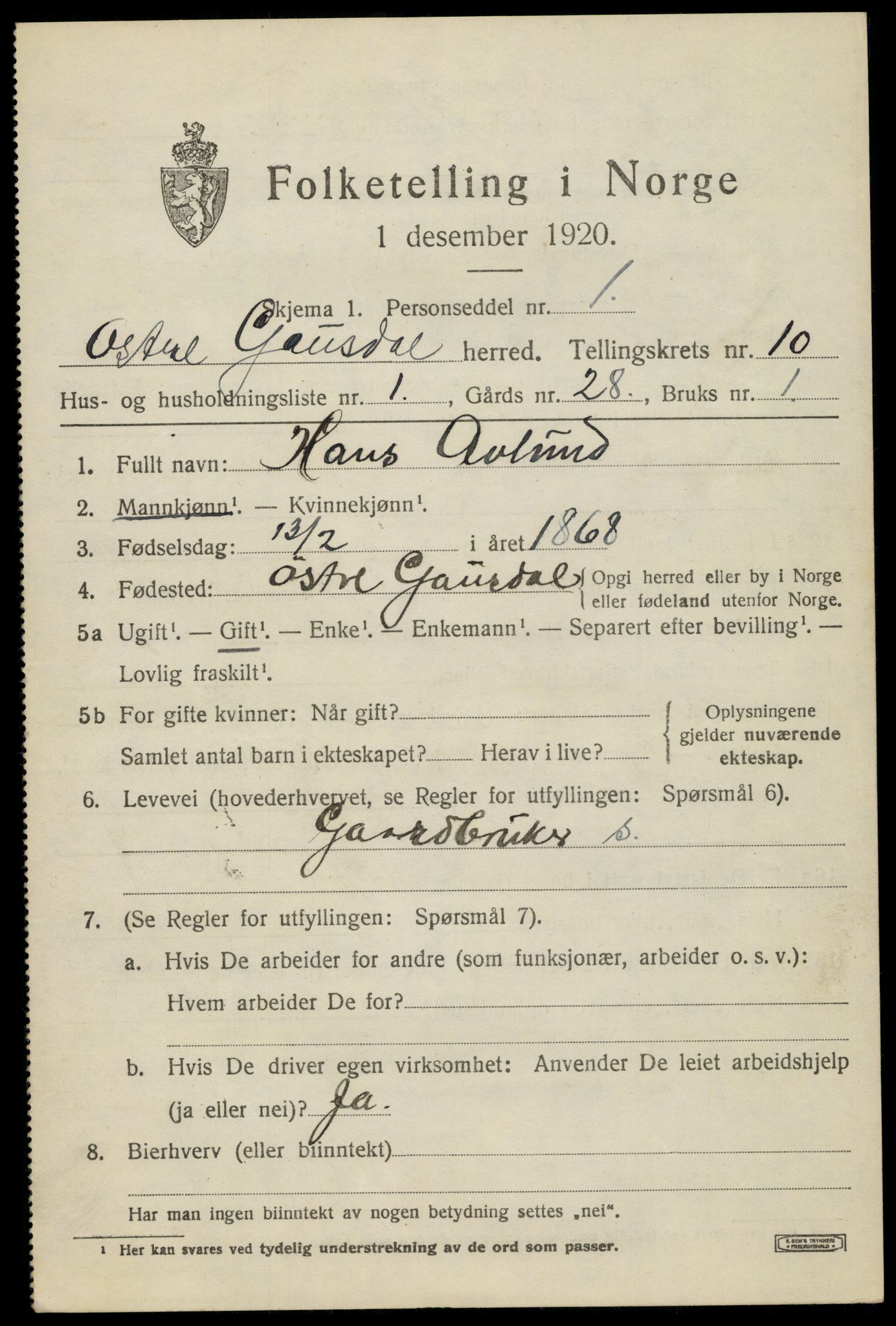 SAH, 1920 census for Østre Gausdal, 1920, p. 5378